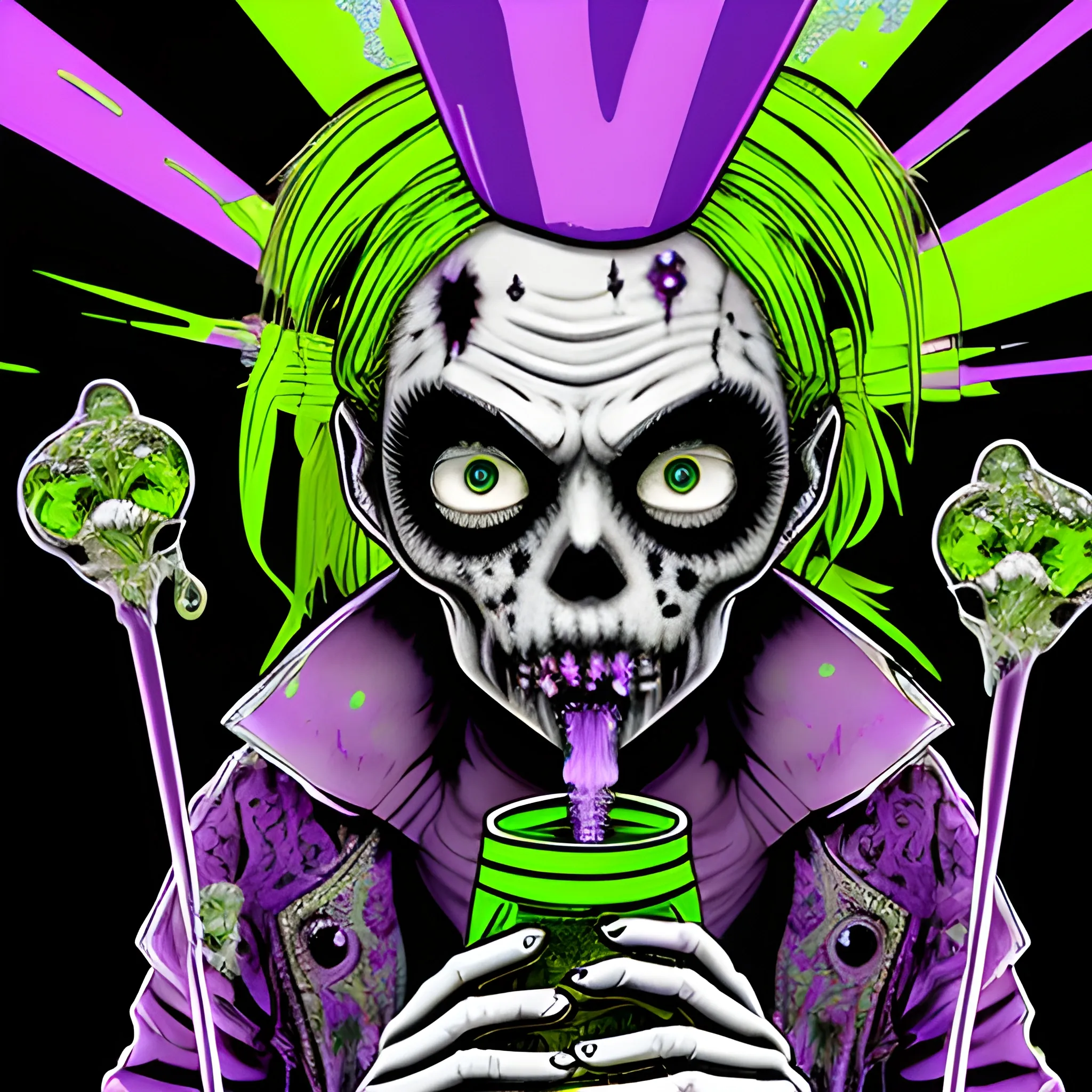 Glass and amethyst marijuana smoking Zombie, lowbrow, heavy metal, in the combined styles of Munk One and Alex Pardee, black background; magic, bong, weed, purple green smoke, neon spray paint, acrylic paint, fantastical surrealist world, gothic, eldritch, glitter, luminous color sparkles, dayglo orange, neon grape purple, chartreuse green