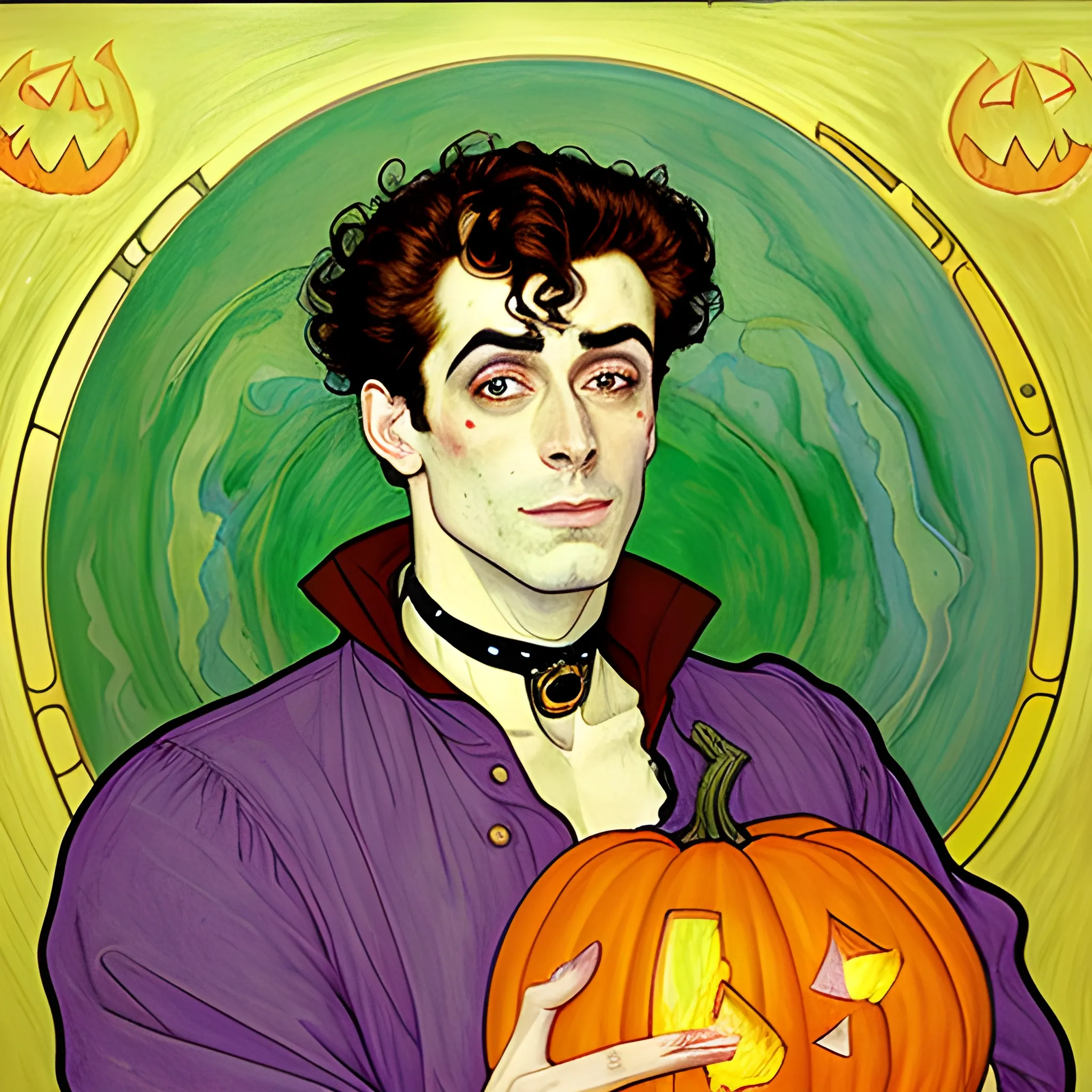 Painting of a handsome young delicate beautiful softly freckled man in his 20s with green eyes and long, curly red hair, at the giant jack o'lantern halloween party; pumpkins, perfect purple pumpkins, green skulls, orange bats, magic, candles, neon spray paint, acrylic paint, fantastical, elegant, stylized art, under a painted nebula sky, full moon; bats, pumpkins, spooky ambiance, Halloween Night art by alphonse mucha, vincent van gogh, egon schiele