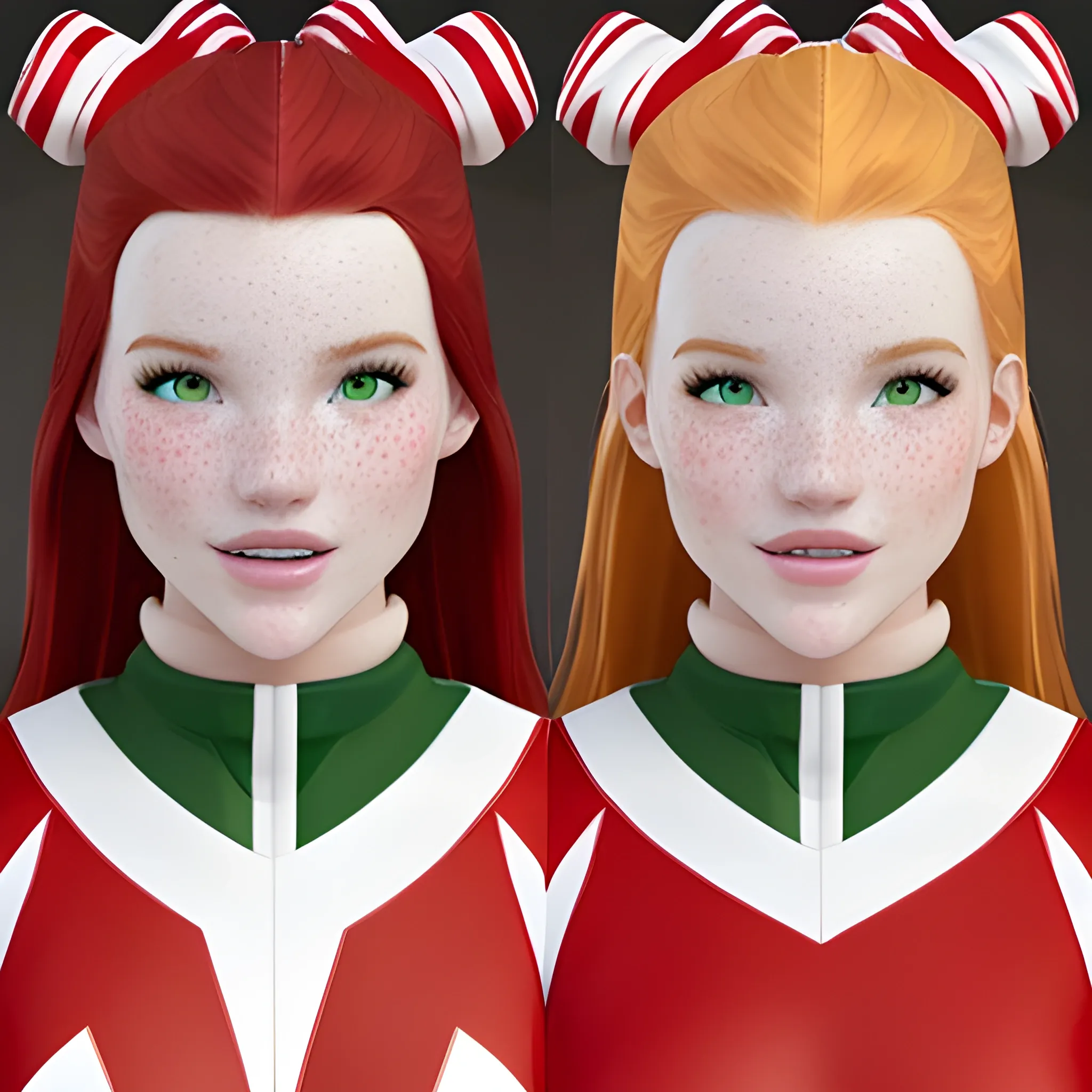 Bella Thorne / Dove Cameron face morph, 3D, red hair, green eyes, freckles, cheer uniform