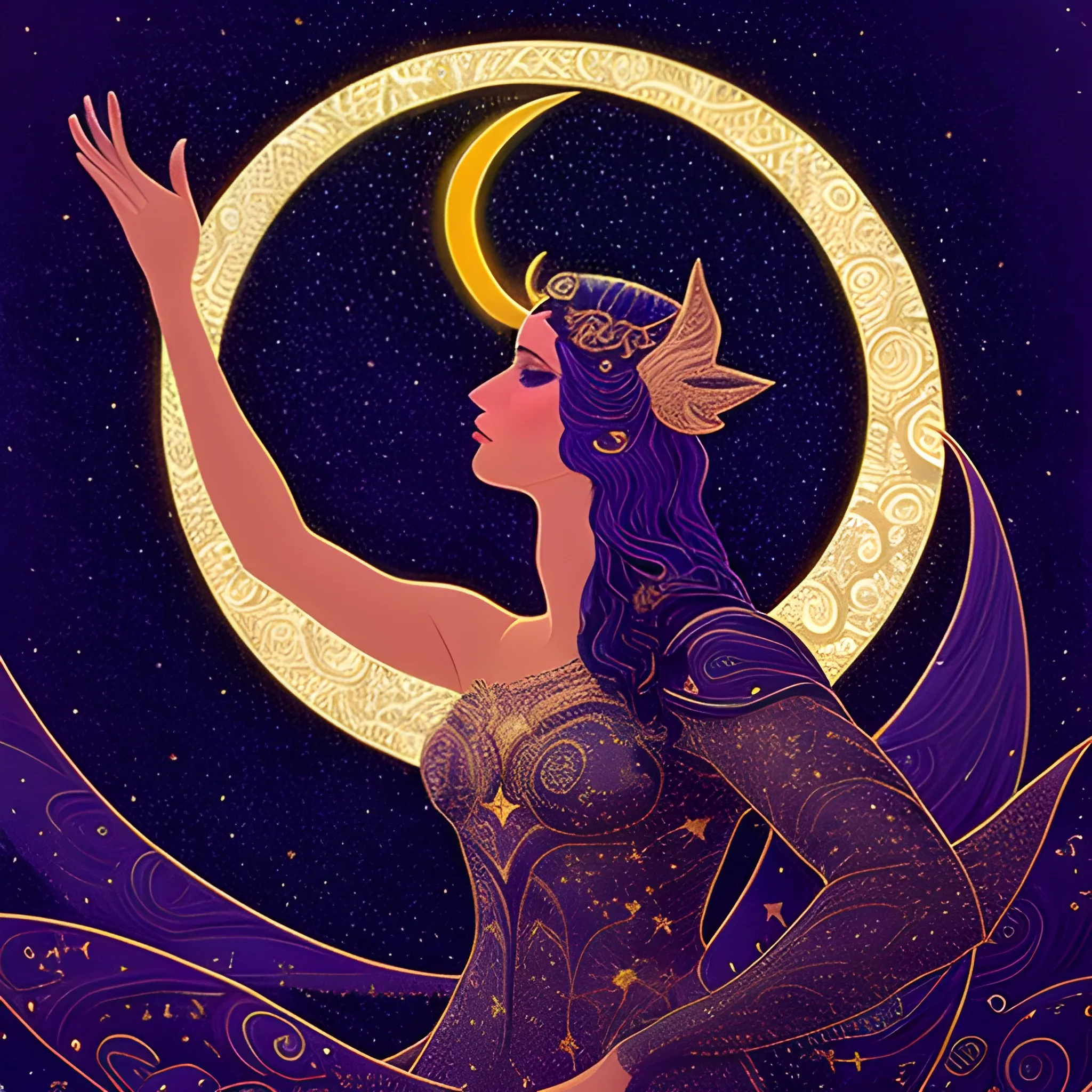 Nyx Goddess of the Night with a crescent moon and many stars in the style of Maxfield Parrish, starry night, James R. Eads