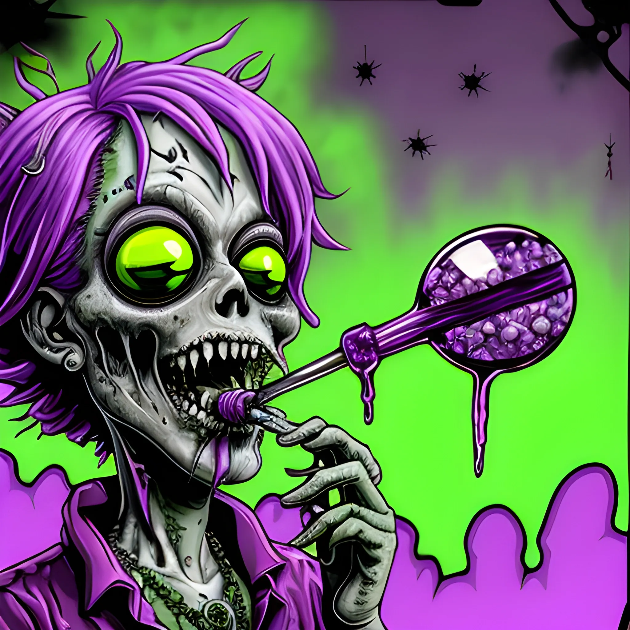 Glass and amethyst marijuana smoking Zombie, lowbrow, heavy metal, in the combined styles of Munk One and Alex Pardee, black background; magic, bong, weed, purple green smoke, neon spray paint, acrylic paint, fantastical surrealist world, gothic, eldritch, glitter, luminous color sparkles, dayglo orange, neon grape purple, chartreuse green