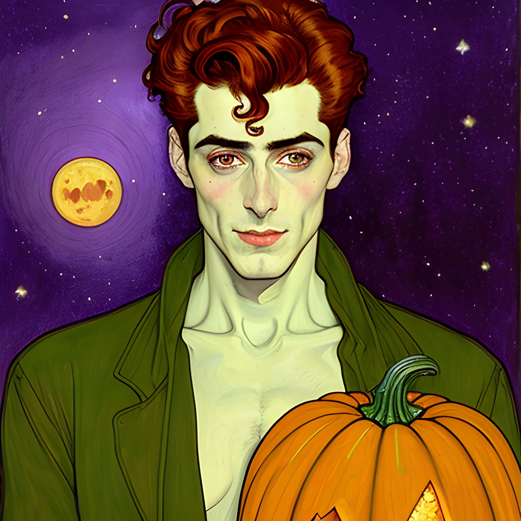 Painting of a handsome young delicate beautiful softly freckled man in his 20s with green eyes and long, curly red hair, at the giant jack o'lantern halloween party; pumpkins, perfect purple pumpkins, green skulls, orange bats, magic, candles, neon spray paint, acrylic paint, fantastical, elegant, stylized art, under a painted nebula sky, full moon; bats, pumpkins, spooky ambiance, Halloween Night art by alphonse mucha, vincent van gogh, egon schiele