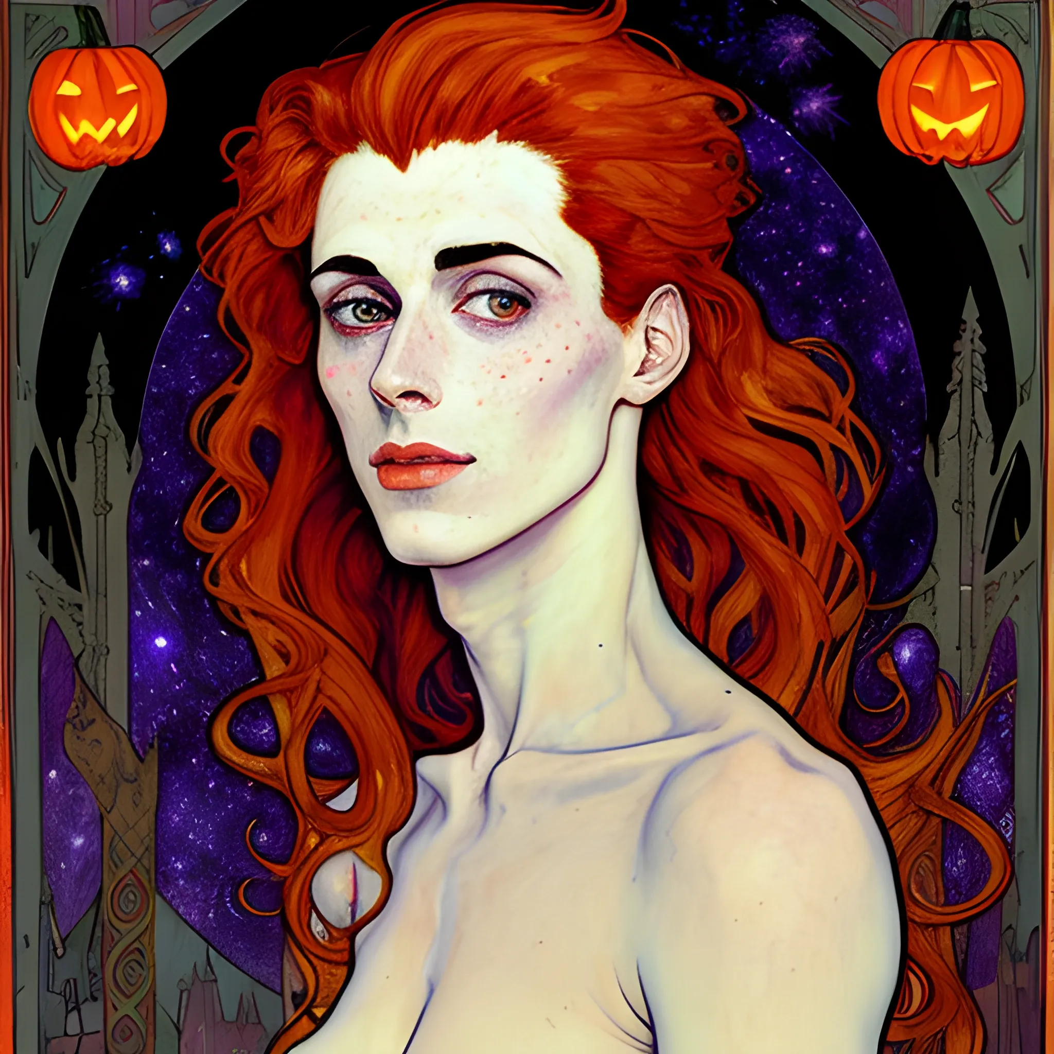 Painting of a handsome young delicate beautiful softly freckled man in his 20s with green eyes and long, curly red hair, at the giant jack o'lantern halloween party; pumpkins, perfect purple pumpkins, green skulls, orange bats, magic, candles, neon spray paint, acrylic paint, fantastical, elegant, stylized art, under a painted nebula sky, full moon; bats, pumpkins, spooky ambiance, Halloween Night art by alphonse mucha, vincent van gogh, egon schiele