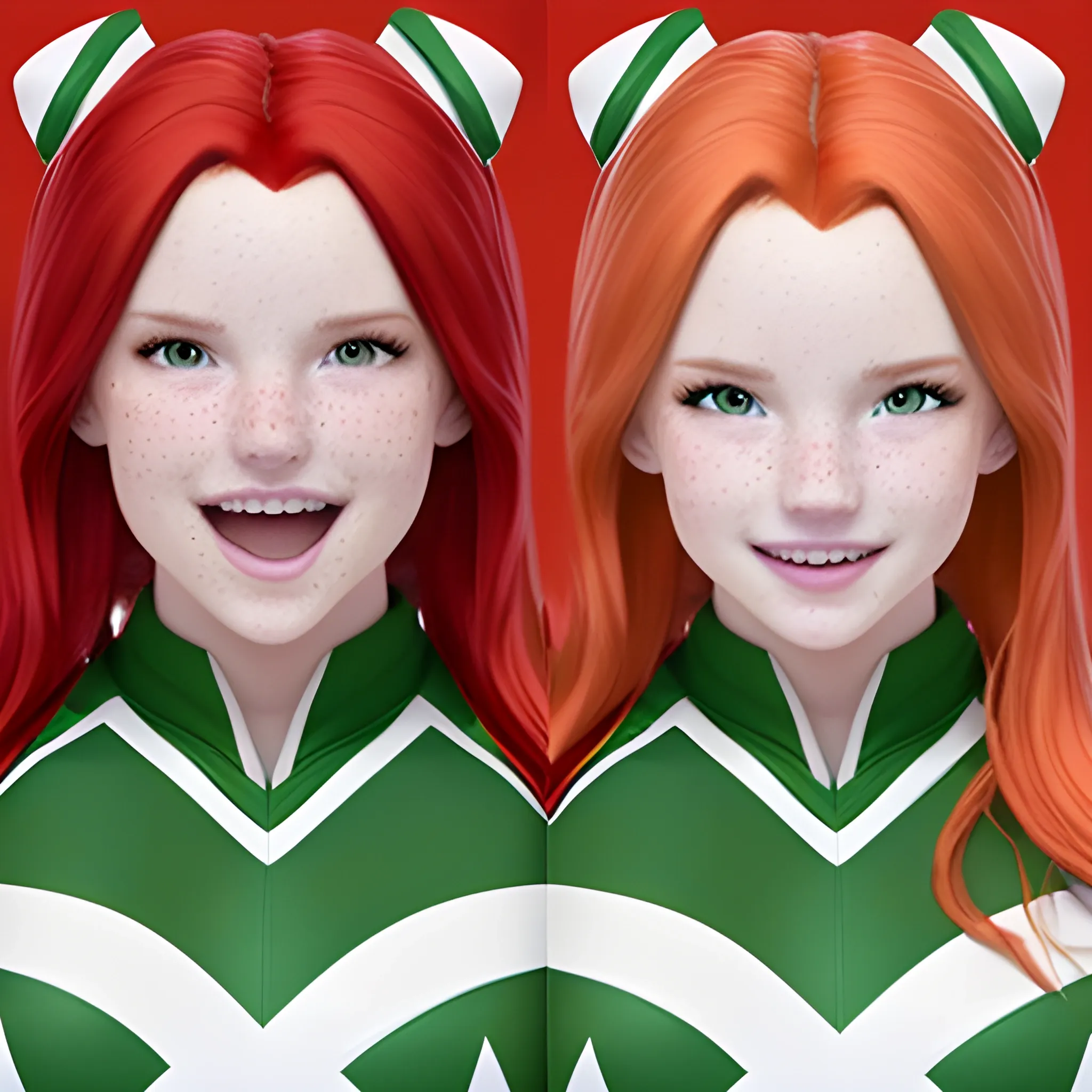 Bella Thorne / Dove Cameron face morph, 3D, red hair, green eyes, freckles, cheer uniform