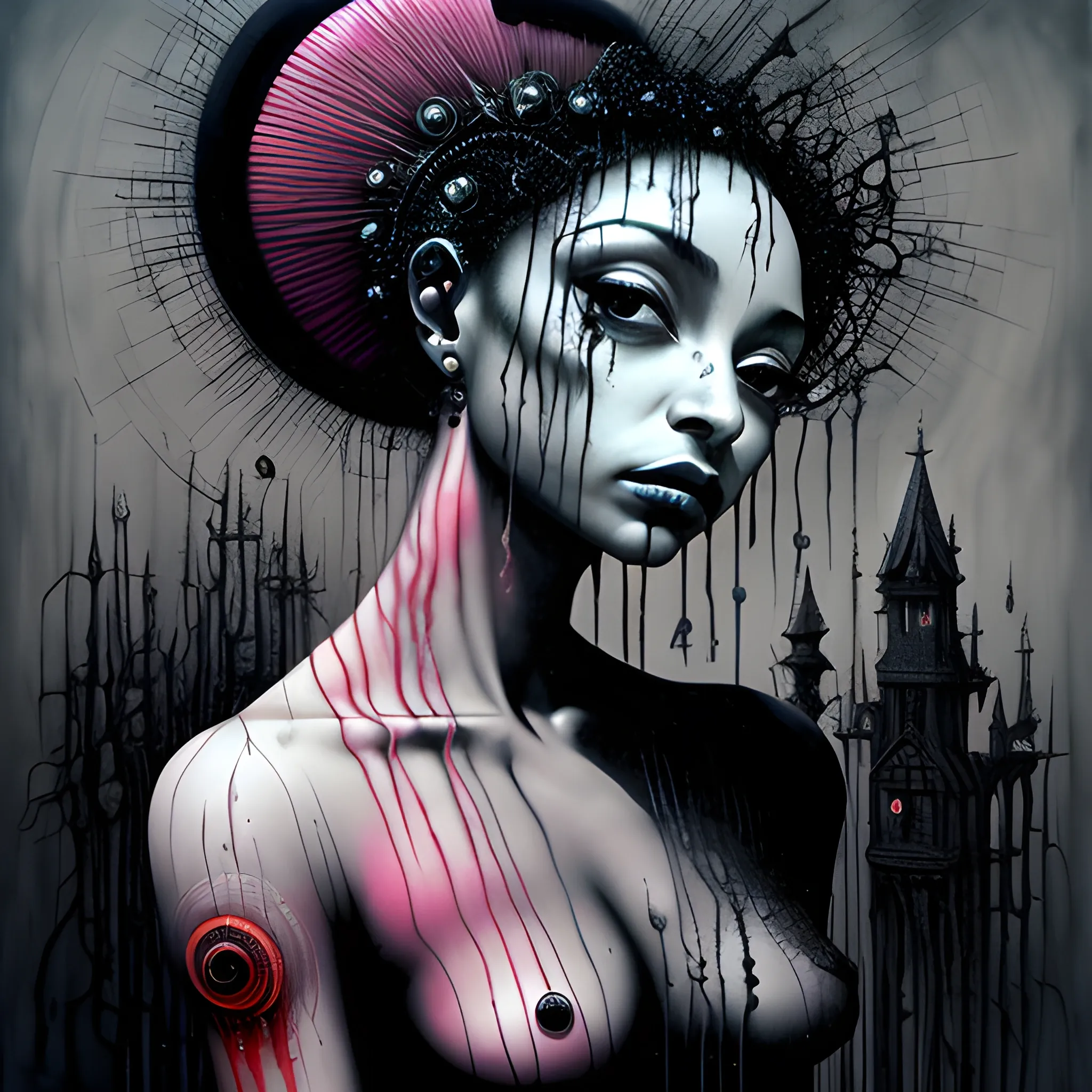  Masterpiece, scenic; Sade Adu; neon spray paint, acrylic paint, fantastical surrealist world, in the style of Stephen Gammell and Shawn Coss, extremely detailed, sick, gothic, eldritch