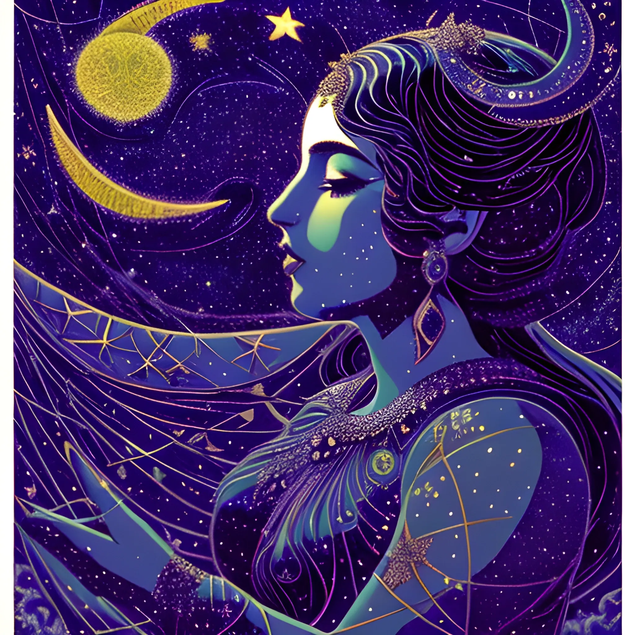 Nyx Goddess of the Night with a crescent moon and many stars in the style of Maxfield Parrish, starry night, James R. Eads