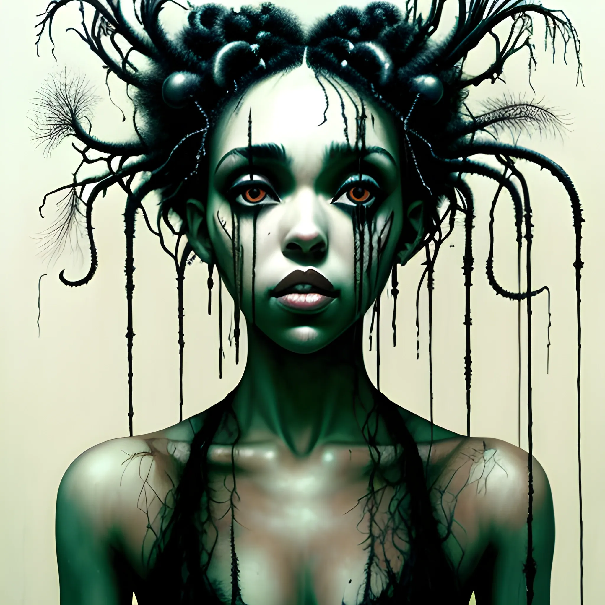  Masterpiece, scenic; FKA Twigs; neon spray paint, acrylic paint, fantastical surrealist world, in the style of Stephen Gammell and Shawn Coss, extremely detailed, sick, gothic, eldritch