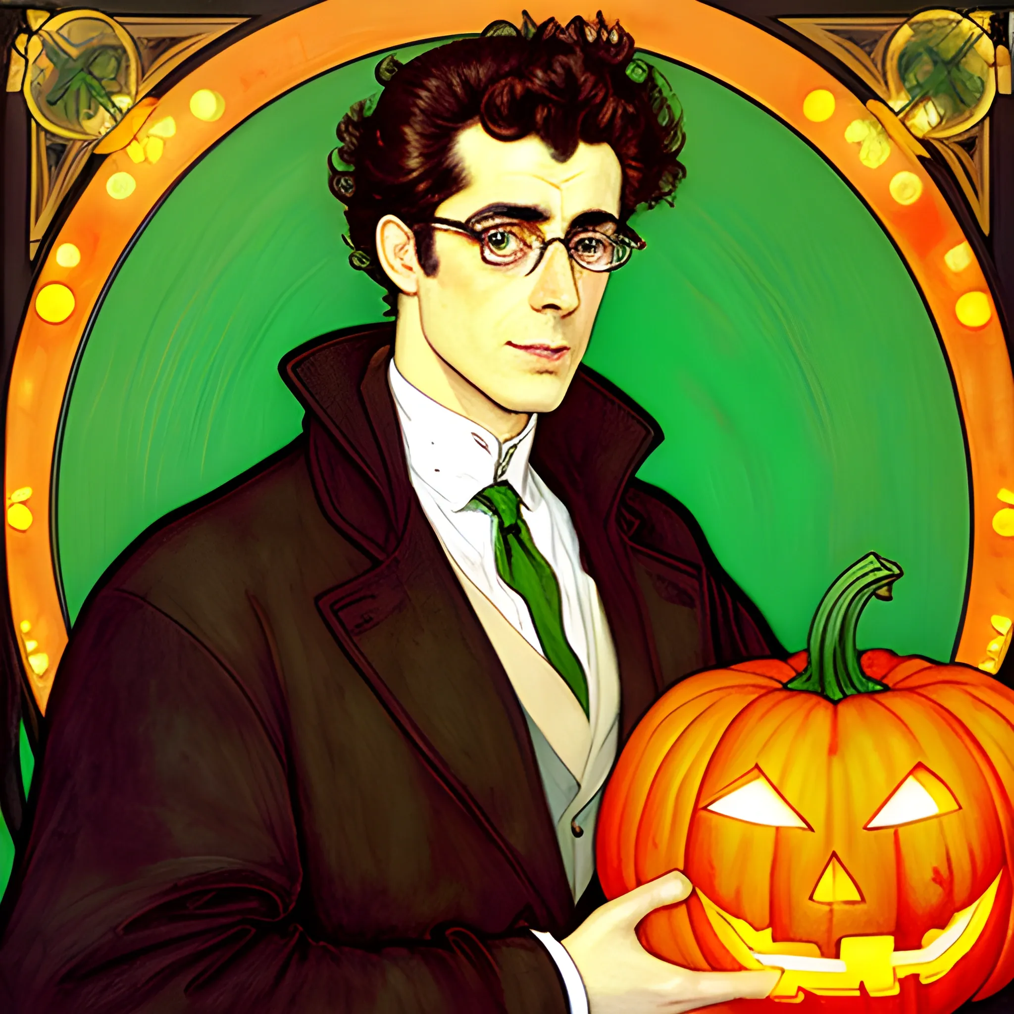 Painting of a handsome young delicate beautiful softly freckled man in his 20s with green eyes and long, curly red hair, at the giant jack o'lantern halloween party; pumpkins, perfect purple pumpkins, green skulls, orange bats, magic, candles, neon spray paint, acrylic paint, fantastical, elegant, stylized art, under a painted nebula sky, full moon; bats, pumpkins, spooky ambiance, Halloween Night art by alphonse mucha, vincent van gogh, egon schiele