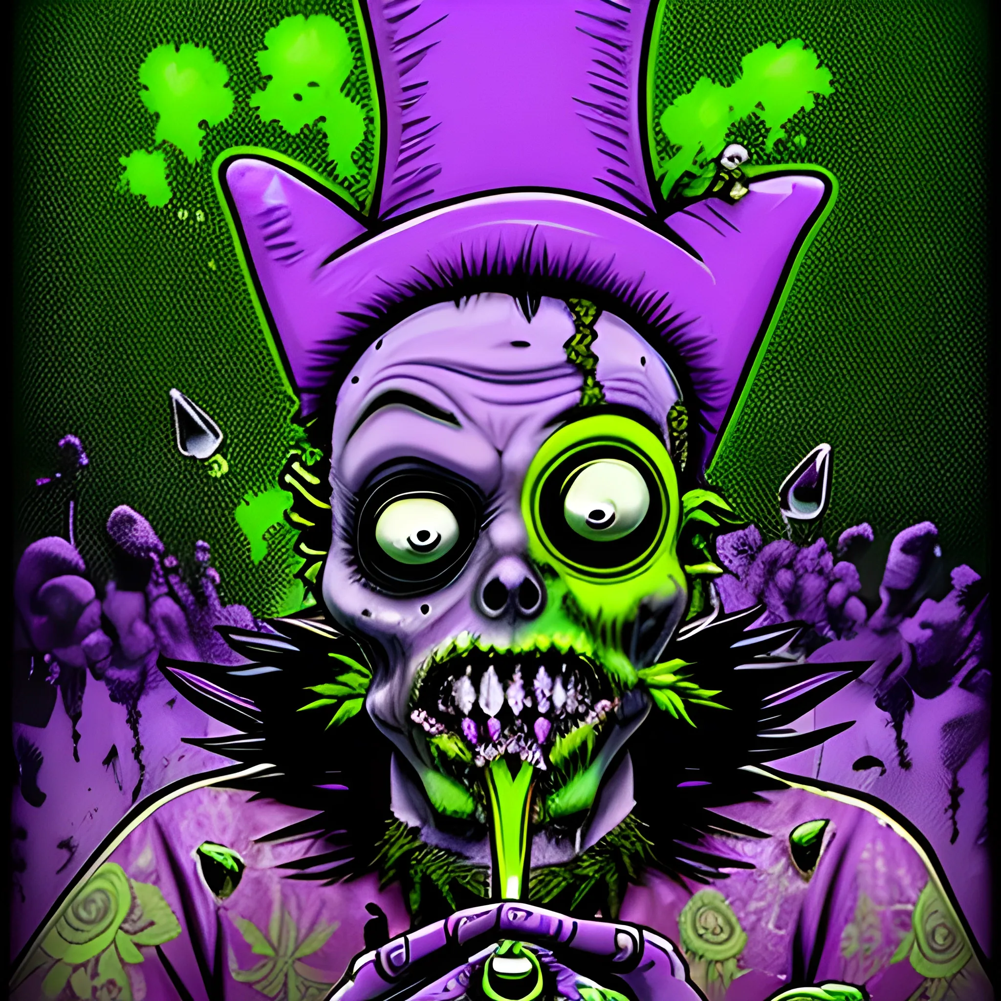 Glass and amethyst marijuana smoking Zombie, lowbrow, heavy metal, in the combined styles of Munk One and Alex Pardee, black background; magic, bong, weed, purple green smoke, neon spray paint, acrylic paint, fantastical surrealist world, gothic, eldritch, glitter, luminous color sparkles, dayglo orange, neon grape purple, chartreuse green