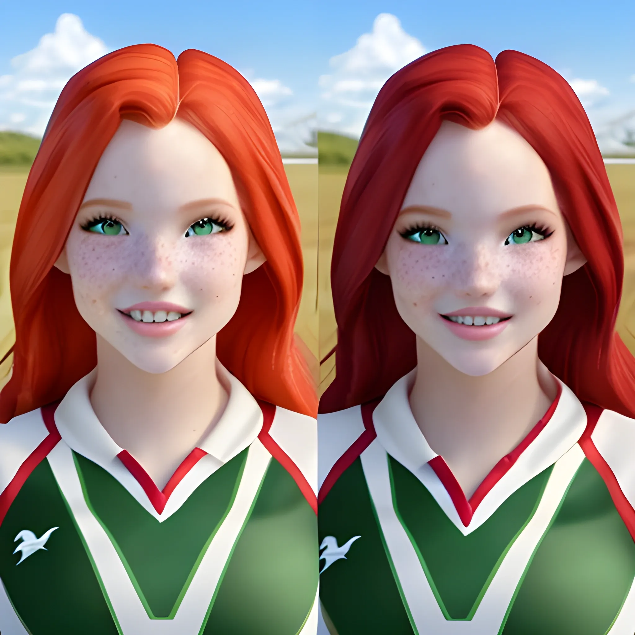 Bella Thorne / Dove Cameron face morph, 3D, red hair, green eyes, freckles, cheer uniform