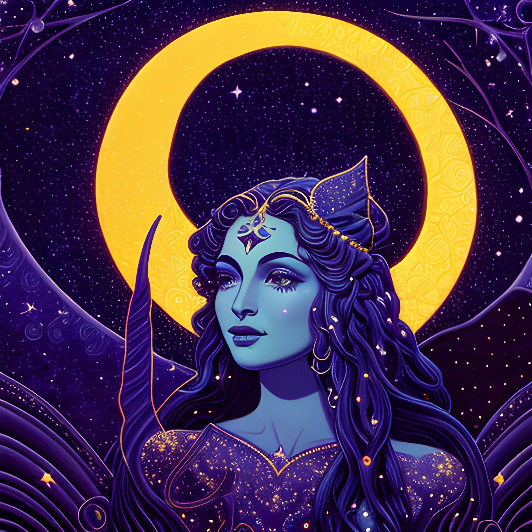 Nyx Goddess of the Night with a crescent moon and many stars in the style of Maxfield Parrish, starry night, James R. Eads