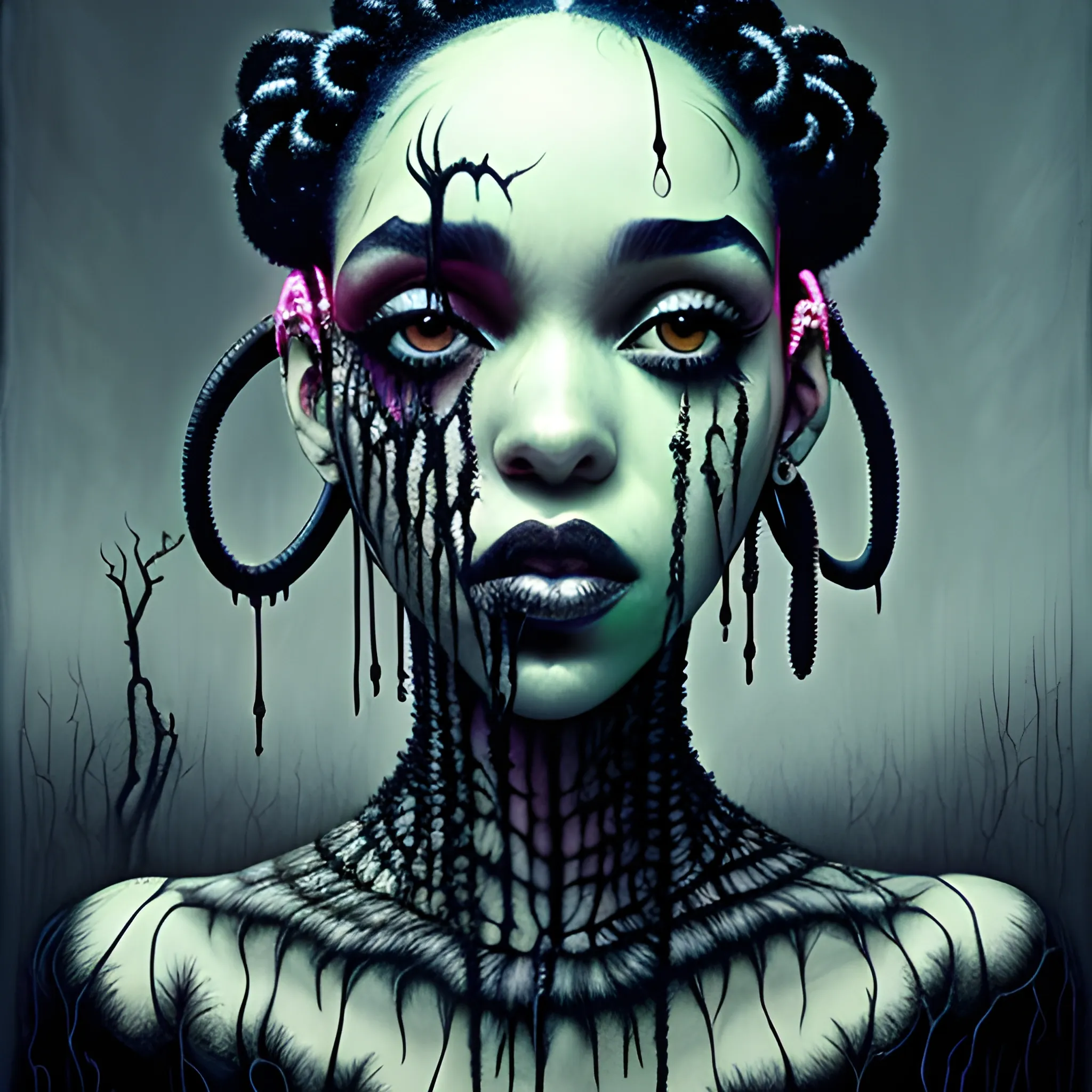  Masterpiece, scenic; FKA Twigs; neon spray paint, acrylic paint, fantastical surrealist world, in the style of Stephen Gammell and Shawn Coss, extremely detailed, sick, gothic, eldritch