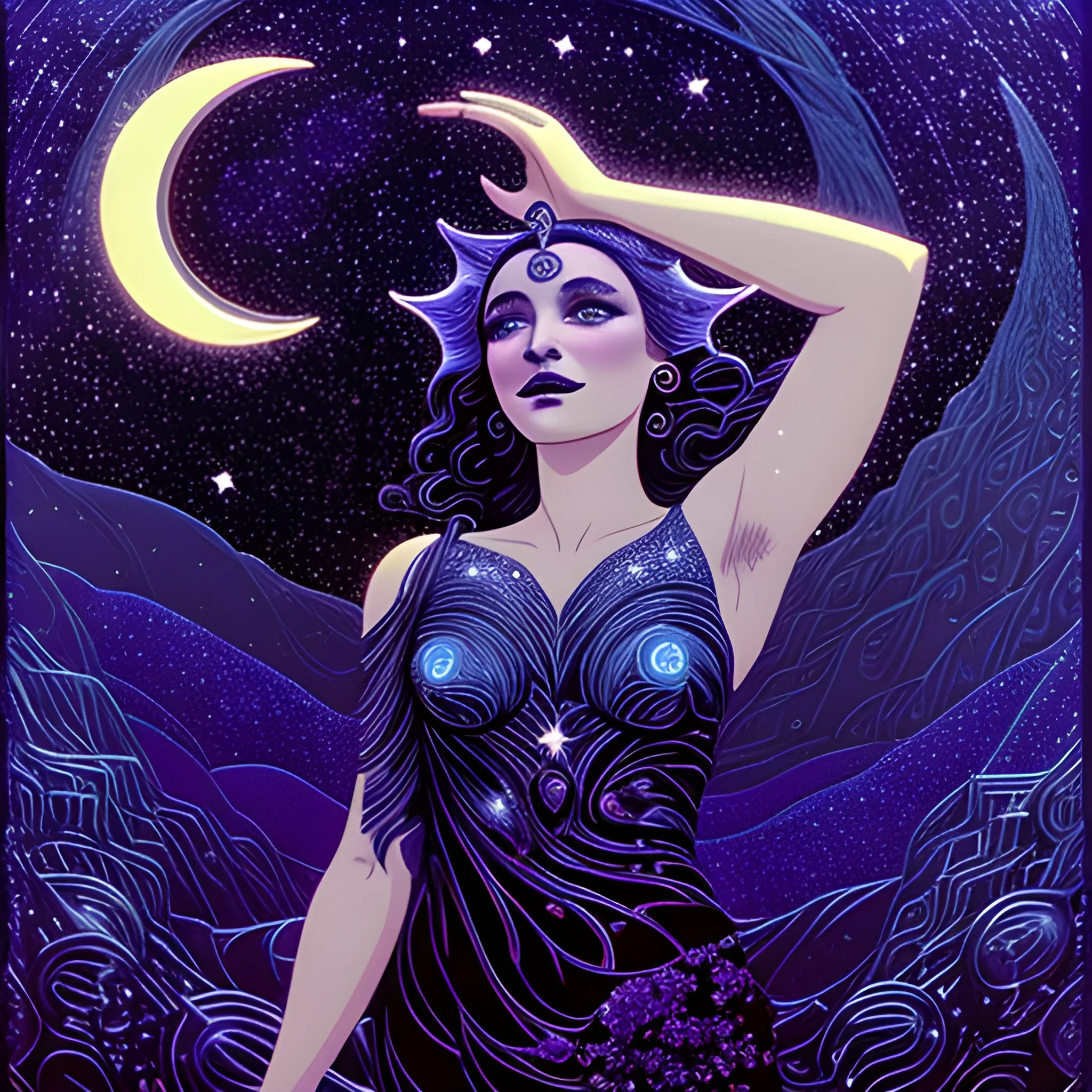 Nyx Goddess of the Night with a crescent moon and many stars in the style of Maxfield Parrish, starry night, James R. Eads