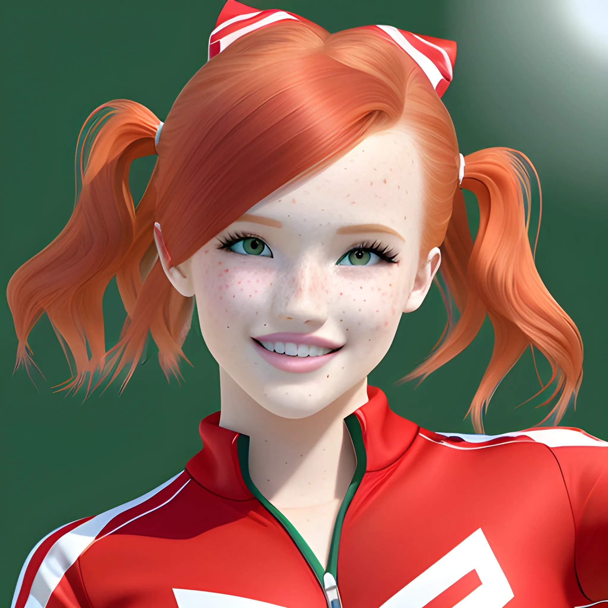 Bella Thorne / Dove Cameron face morph, 3D, red hair, green eyes, freckles, cheer uniform