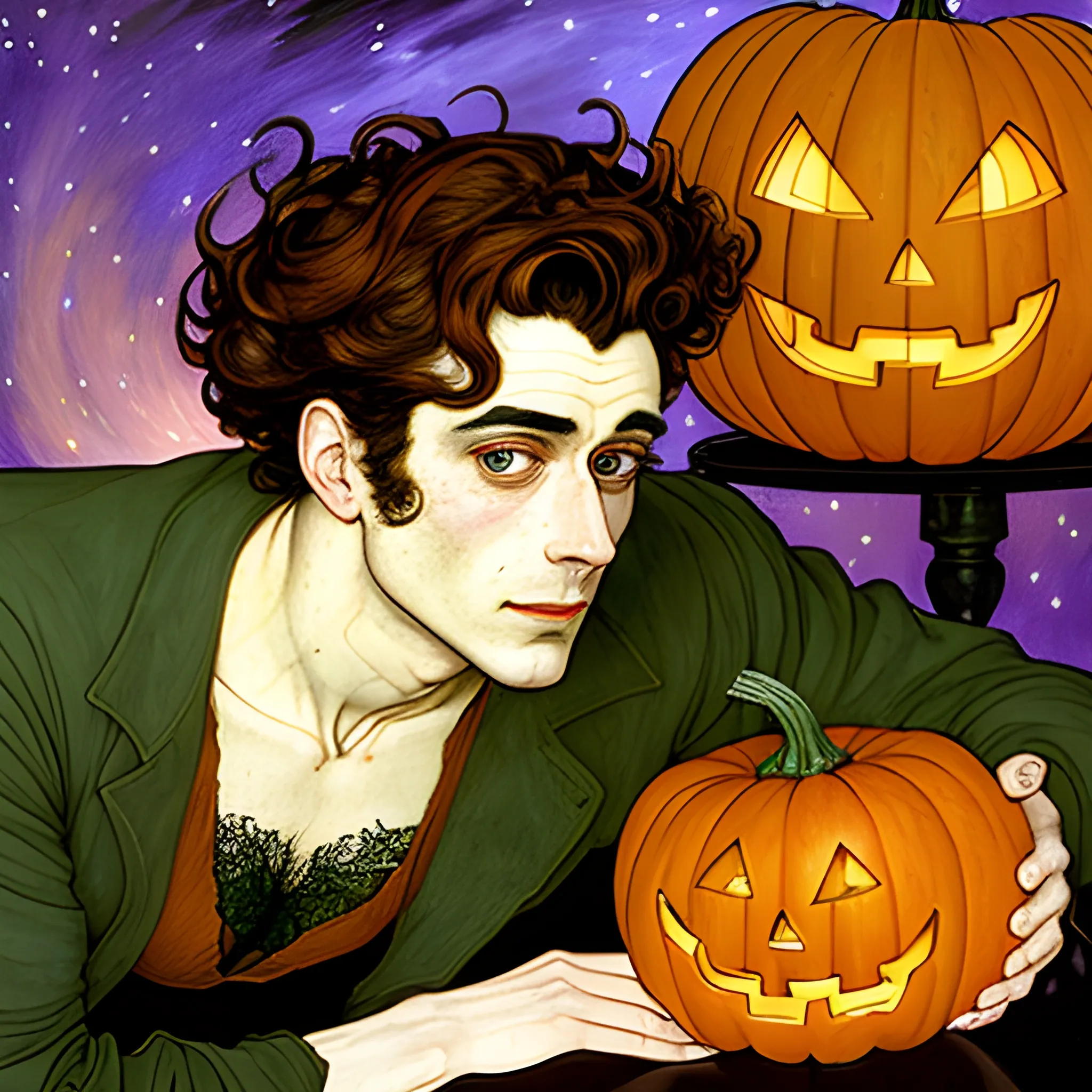 Painting of a handsome young delicate beautiful softly freckled man in his 20s with green eyes and long, curly red hair, at the giant jack o'lantern halloween party; pumpkins, perfect purple pumpkins, green skulls, orange bats, magic, candles, neon spray paint, acrylic paint, fantastical, elegant, stylized art, under a painted nebula sky, full moon; bats, pumpkins, spooky ambiance, Halloween Night art by alphonse mucha, vincent van gogh, egon schiele