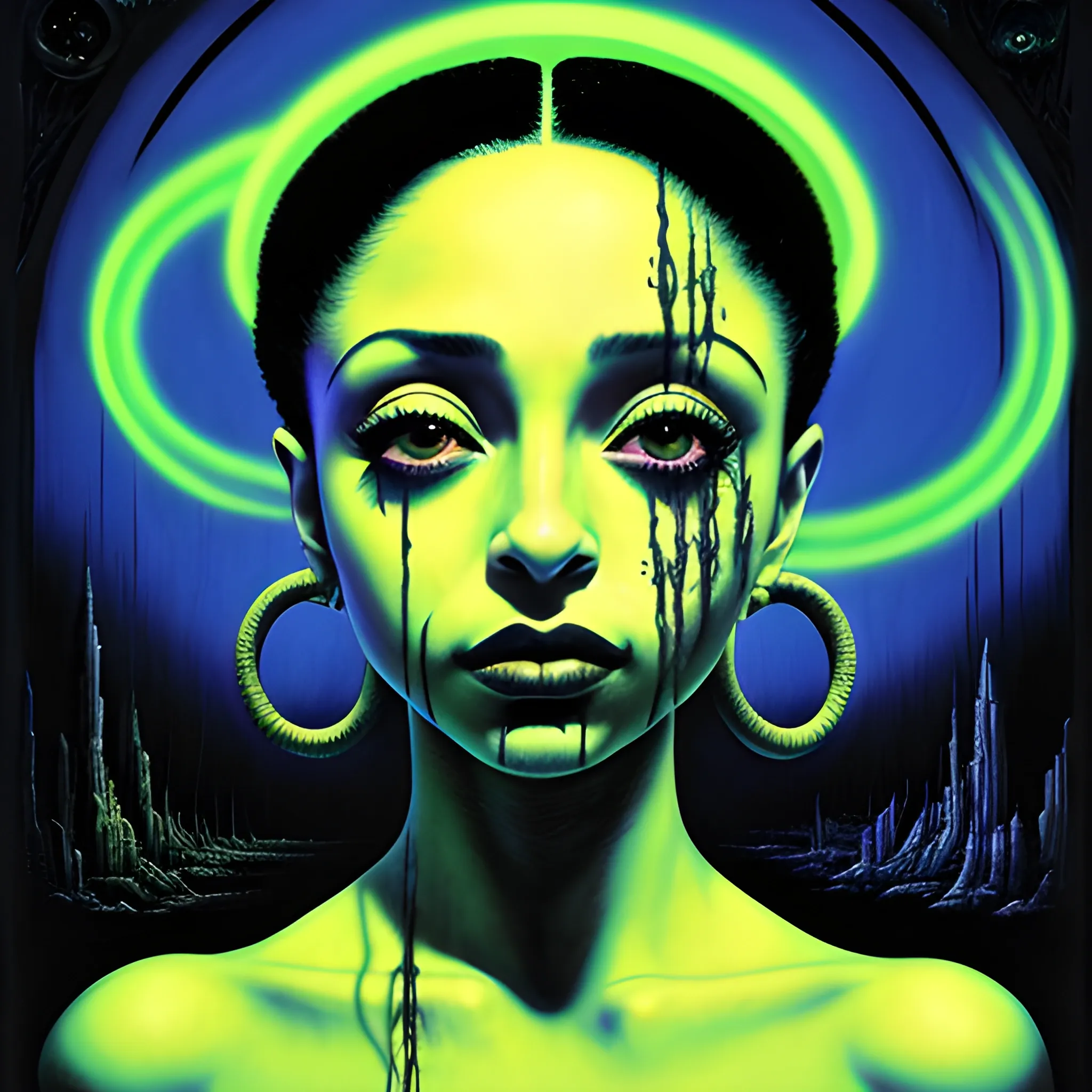  Masterpiece, scenic; Sade Adu; neon spray paint, acrylic paint, fantastical surrealist world, in the style of Stephen Gammell and Shawn Coss, extremely detailed, sick, gothic, eldritch