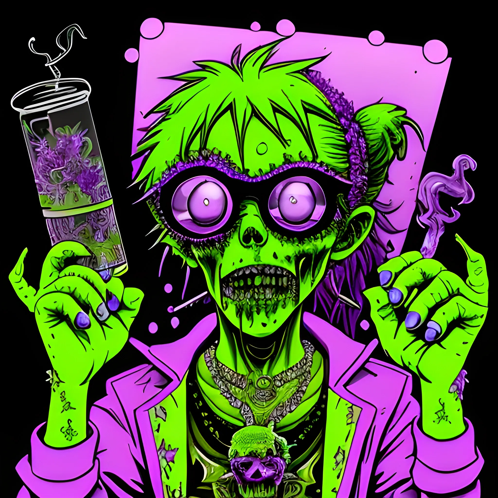 Glass and amethyst marijuana smoking Zombie, lowbrow, heavy metal, in the combined styles of Munk One and Alex Pardee, black background; magic, bong, weed, purple green smoke, neon spray paint, acrylic paint, fantastical surrealist world, gothic, eldritch, glitter, luminous color sparkles, dayglo orange, neon grape purple, chartreuse green