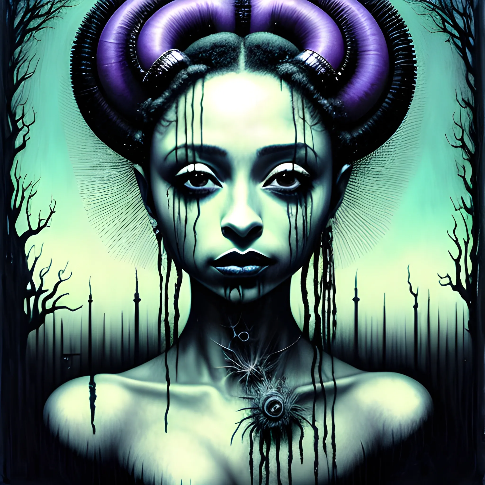  Masterpiece, scenic; Sade Adu; neon spray paint, acrylic paint, fantastical surrealist world, in the style of Stephen Gammell and Shawn Coss, extremely detailed, sick, gothic, eldritch