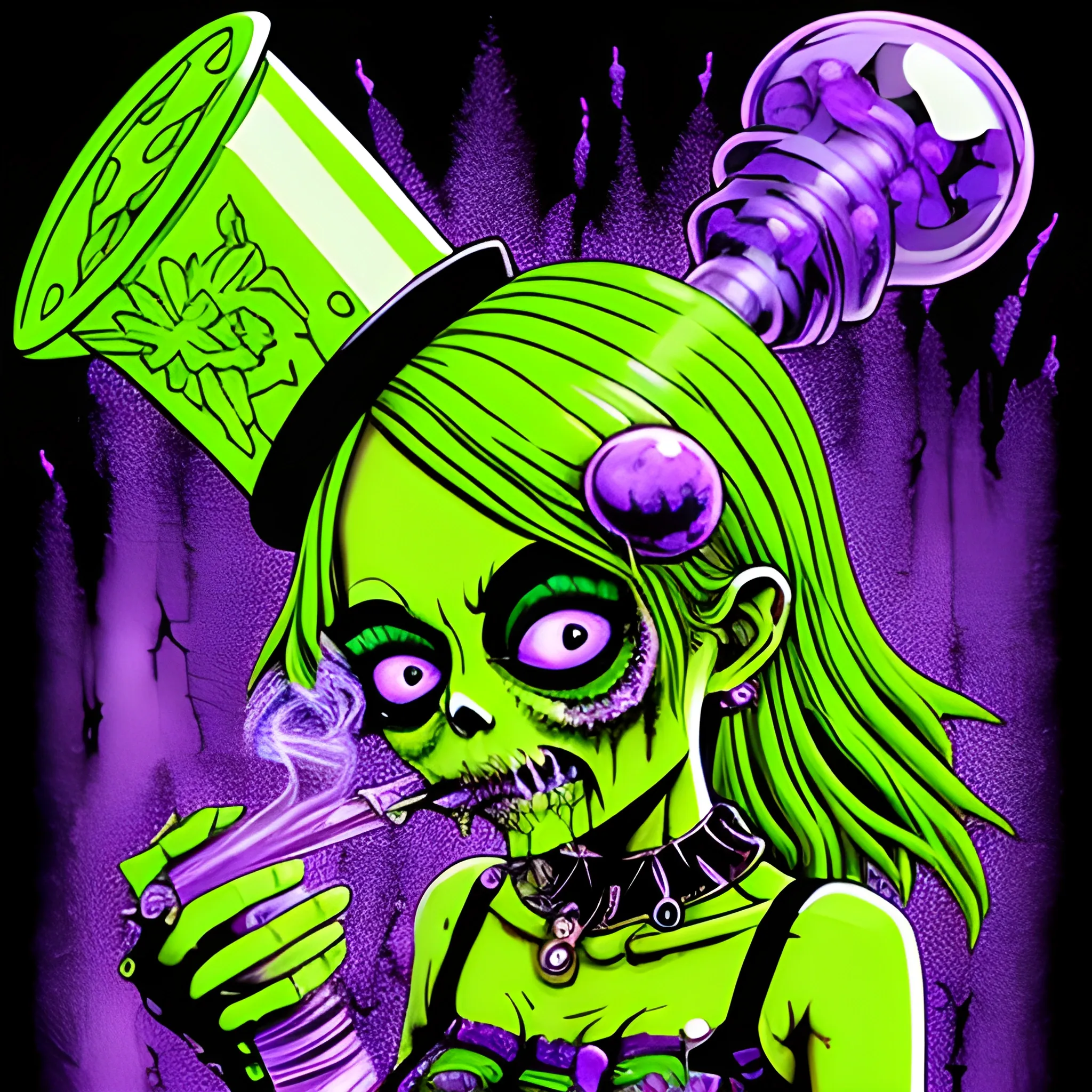 Glass and amethyst marijuana smoking Zombie, lowbrow, heavy metal, in the combined styles of Munk One and Alex Pardee, black background; magic, bong, weed, purple green smoke, neon spray paint, acrylic paint, fantastical surrealist world, gothic, eldritch, glitter, luminous color sparkles, dayglo orange, neon grape purple, chartreuse green