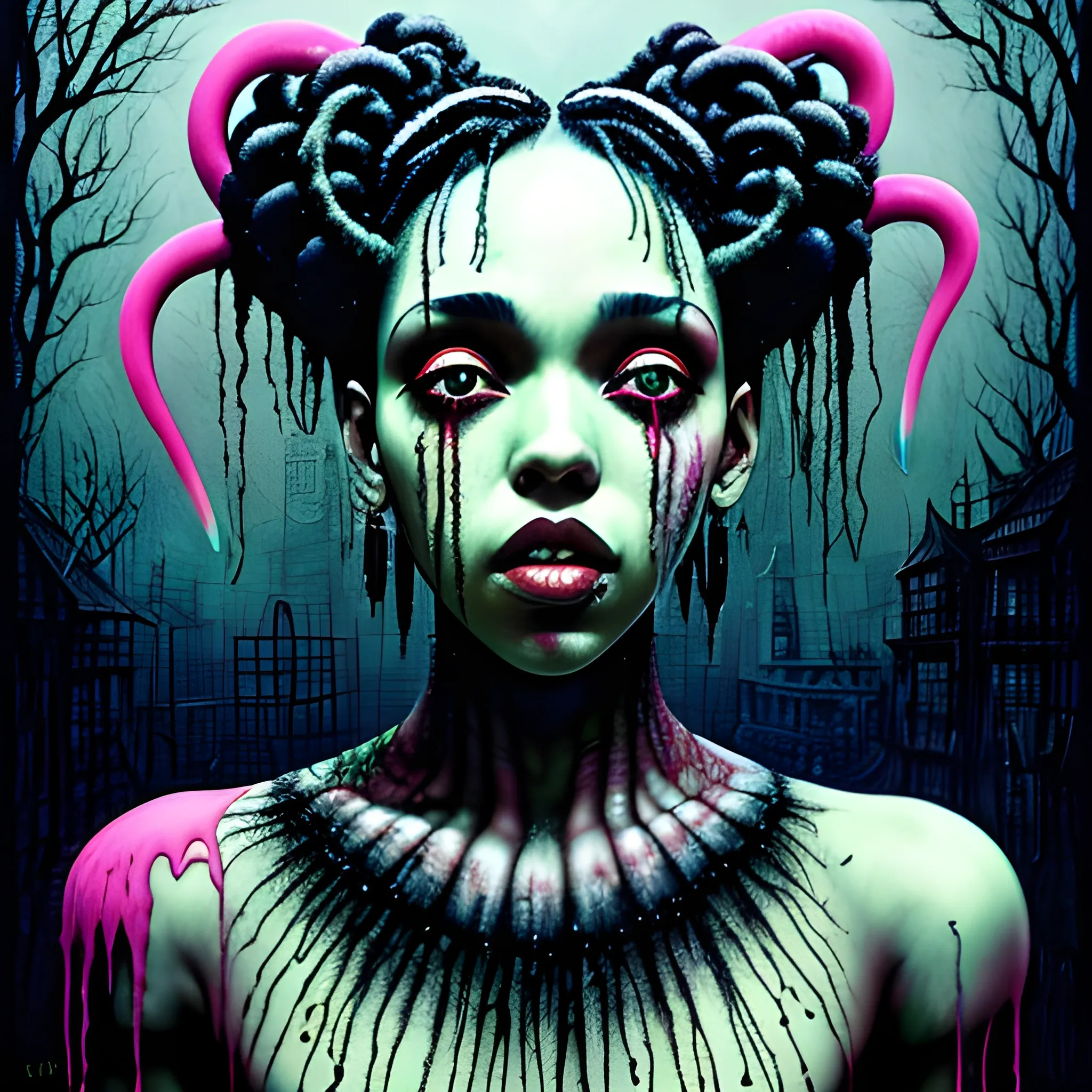  Masterpiece, scenic; FKA Twigs; neon spray paint, acrylic paint, fantastical surrealist world, in the style of Stephen Gammell and Shawn Coss, extremely detailed, sick, gothic, eldritch