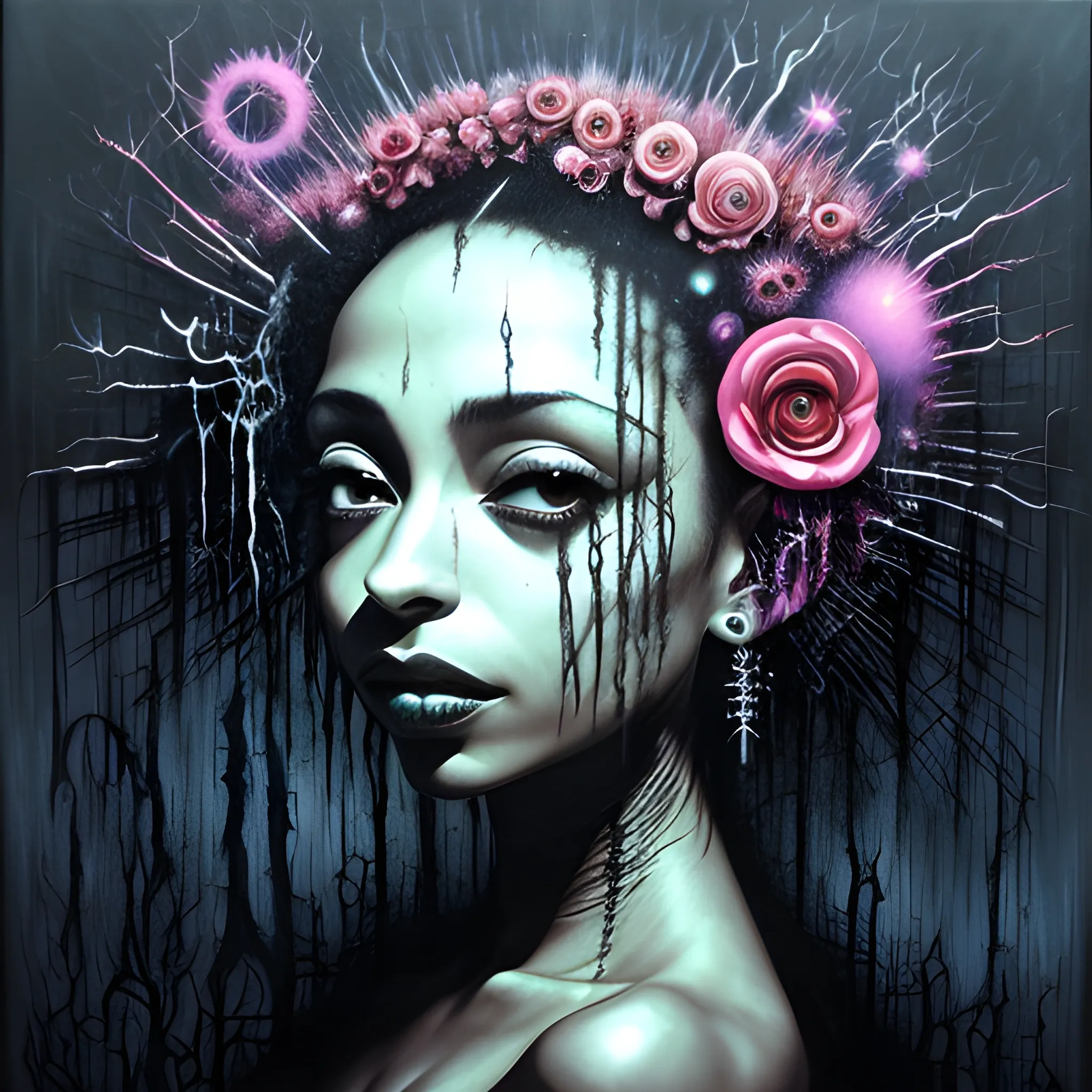  Masterpiece, scenic; Sade Adu; neon spray paint, acrylic paint, fantastical surrealist world, in the style of Stephen Gammell and Shawn Coss, extremely detailed, sick, gothic, eldritch