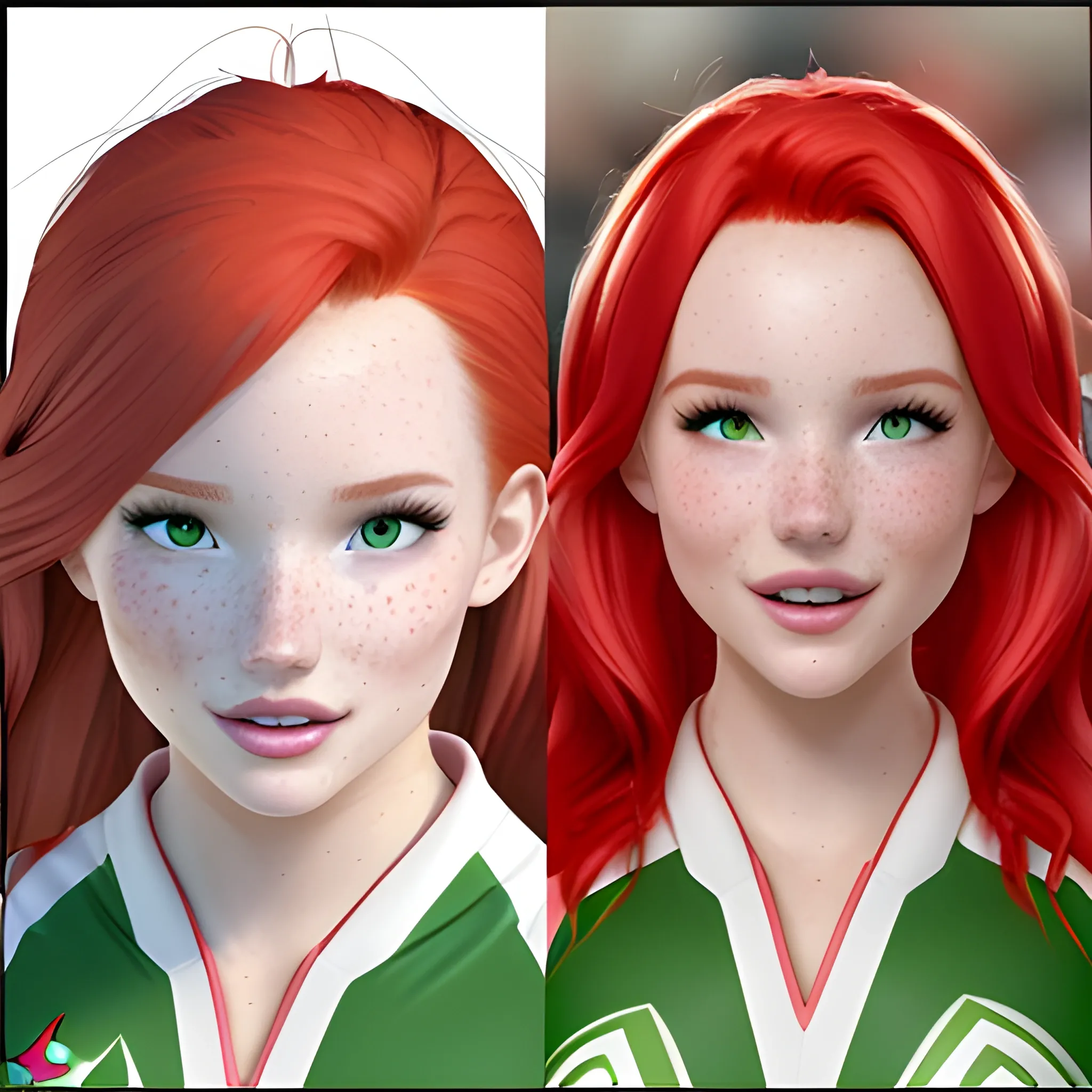 Bella Thorne / Dove Cameron face morph, 3D, red hair, green eyes, freckles, cheer uniform