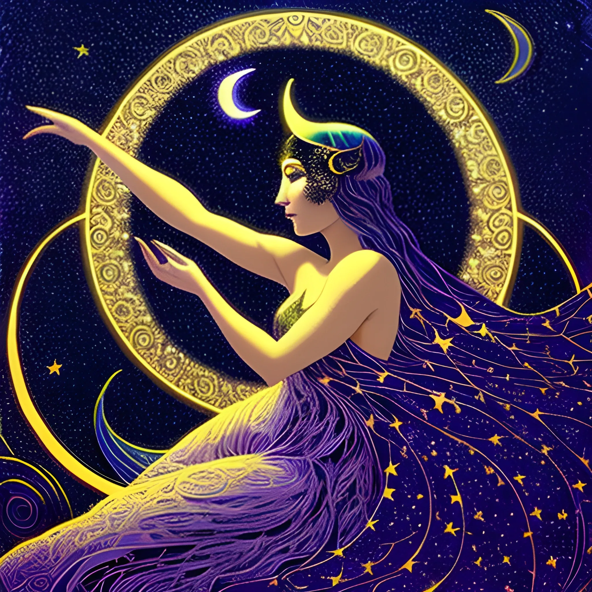 Nyx Goddess of the Night with a crescent moon and many stars in the style of Maxfield Parrish, starry night, James R. Eads