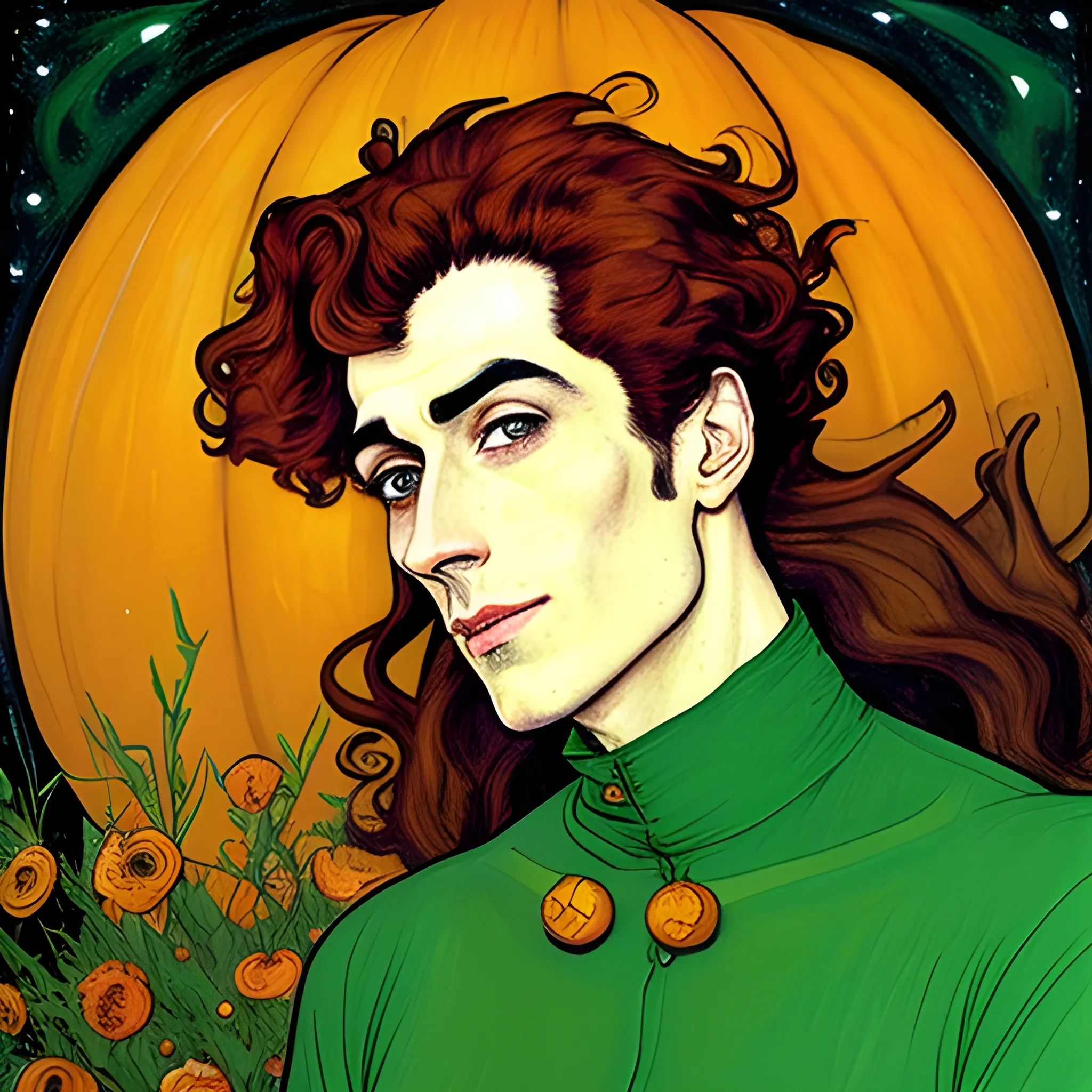 Painting of a handsome young delicate beautiful softly freckled man in his 20s with green eyes and long, curly red hair, at the giant jack o'lantern halloween party; pumpkins, perfect purple pumpkins, green skulls, orange bats, magic, candles, neon spray paint, acrylic paint, fantastical, elegant, stylized art, under a painted nebula sky, full moon; bats, pumpkins, spooky ambiance, Halloween Night art by alphonse mucha, vincent van gogh, egon schiele