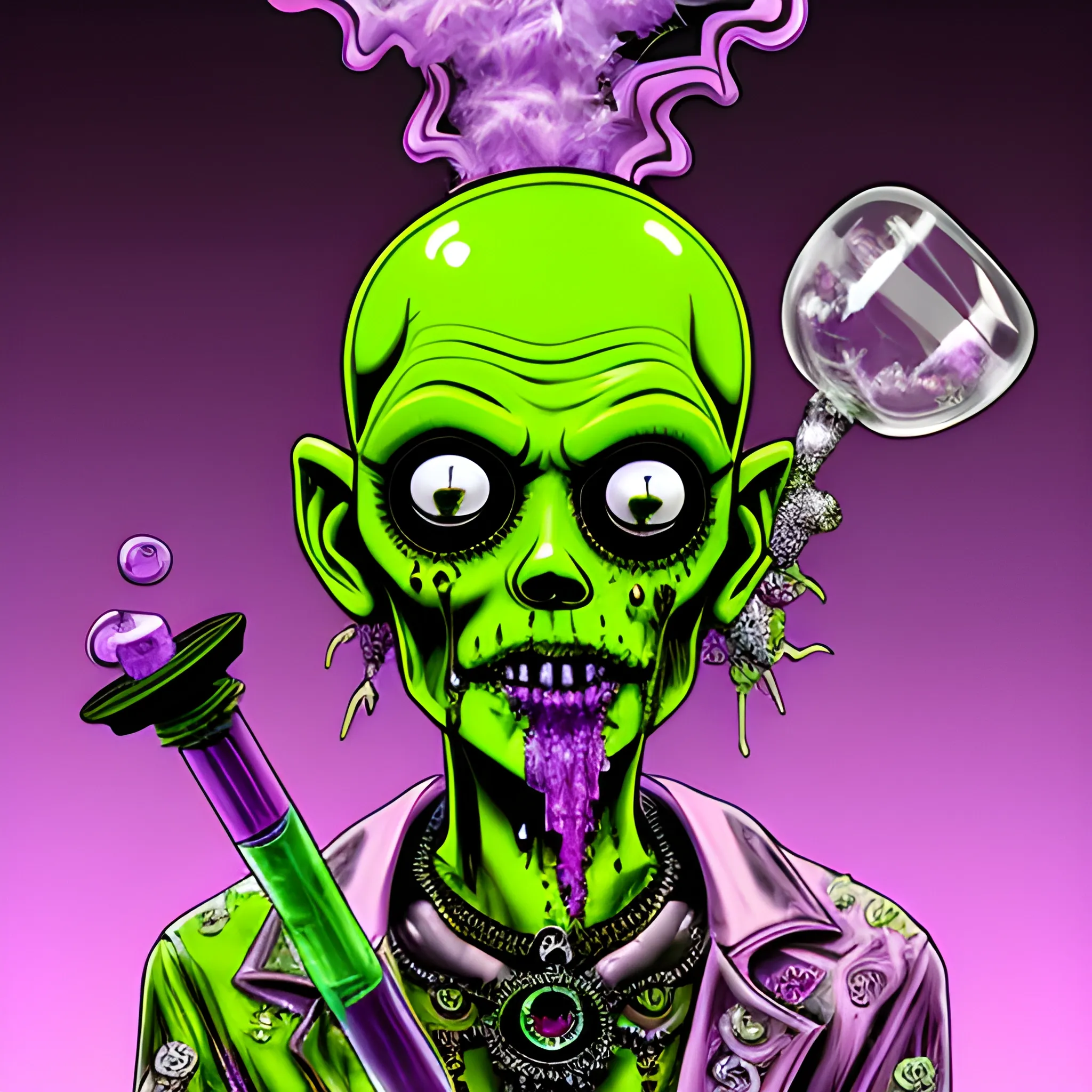 Glass and amethyst marijuana smoking Zombie, lowbrow, heavy metal, in the combined styles of Munk One and Alex Pardee, black background; magic, bong, weed, purple green smoke, neon spray paint, acrylic paint, fantastical surrealist world, gothic, eldritch, glitter, luminous color sparkles, dayglo orange, neon grape purple, chartreuse green