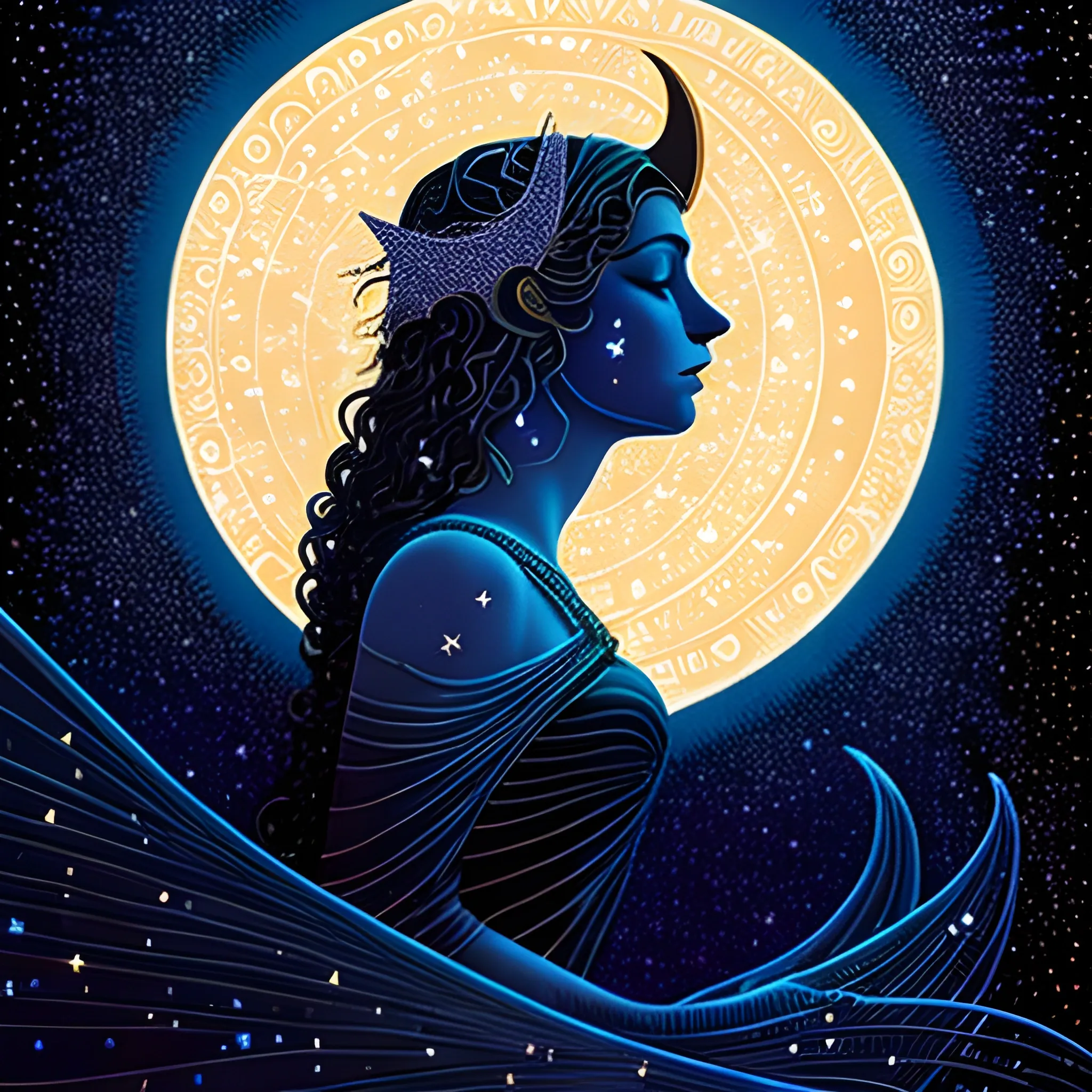 Nyx Goddess of the Night with a crescent moon and many stars in the style of Maxfield Parrish, starry night, James R. Eads