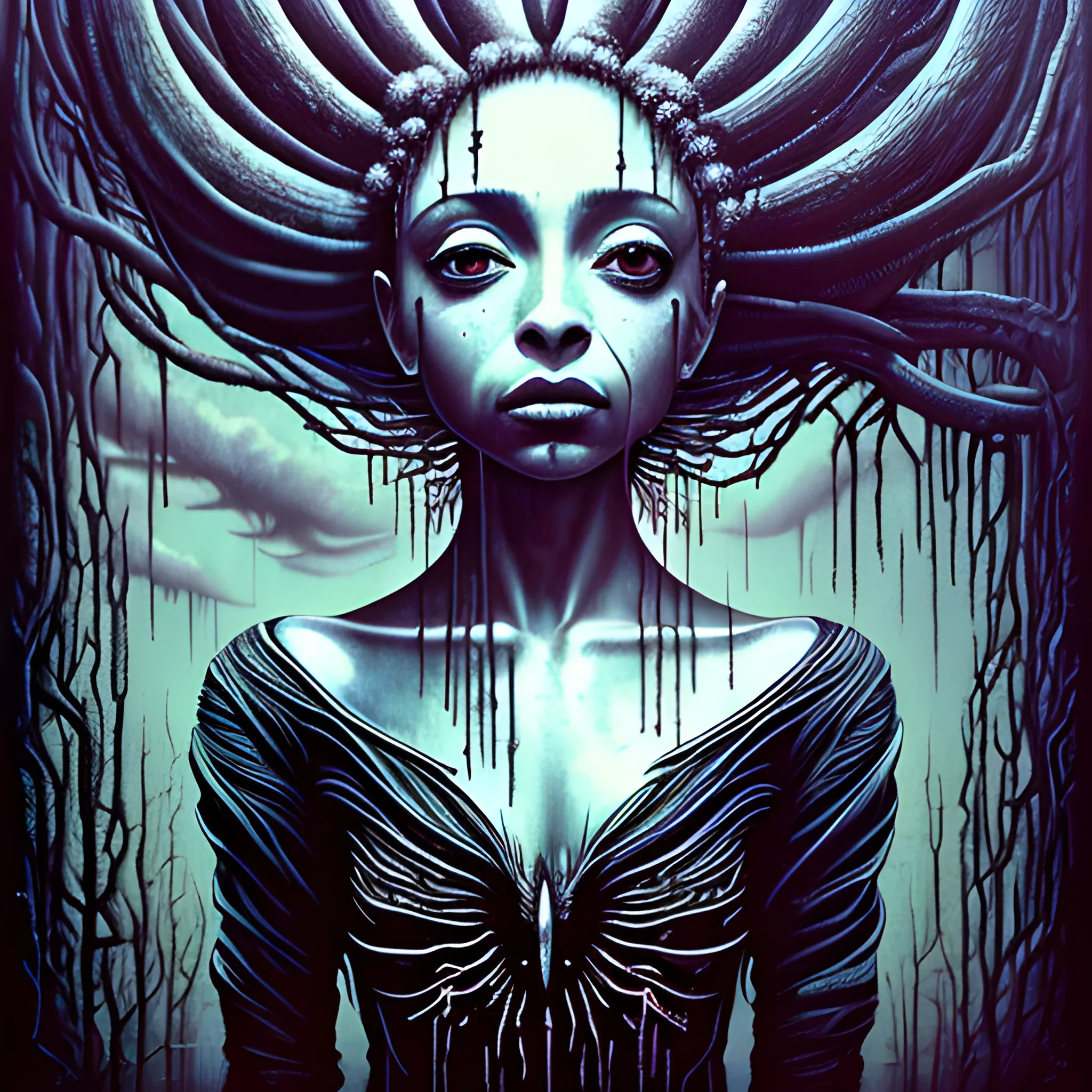  Masterpiece, scenic; Sade Adu; neon spray paint, acrylic paint, fantastical surrealist world, in the style of Stephen Gammell and Shawn Coss, extremely detailed, sick, gothic, eldritch