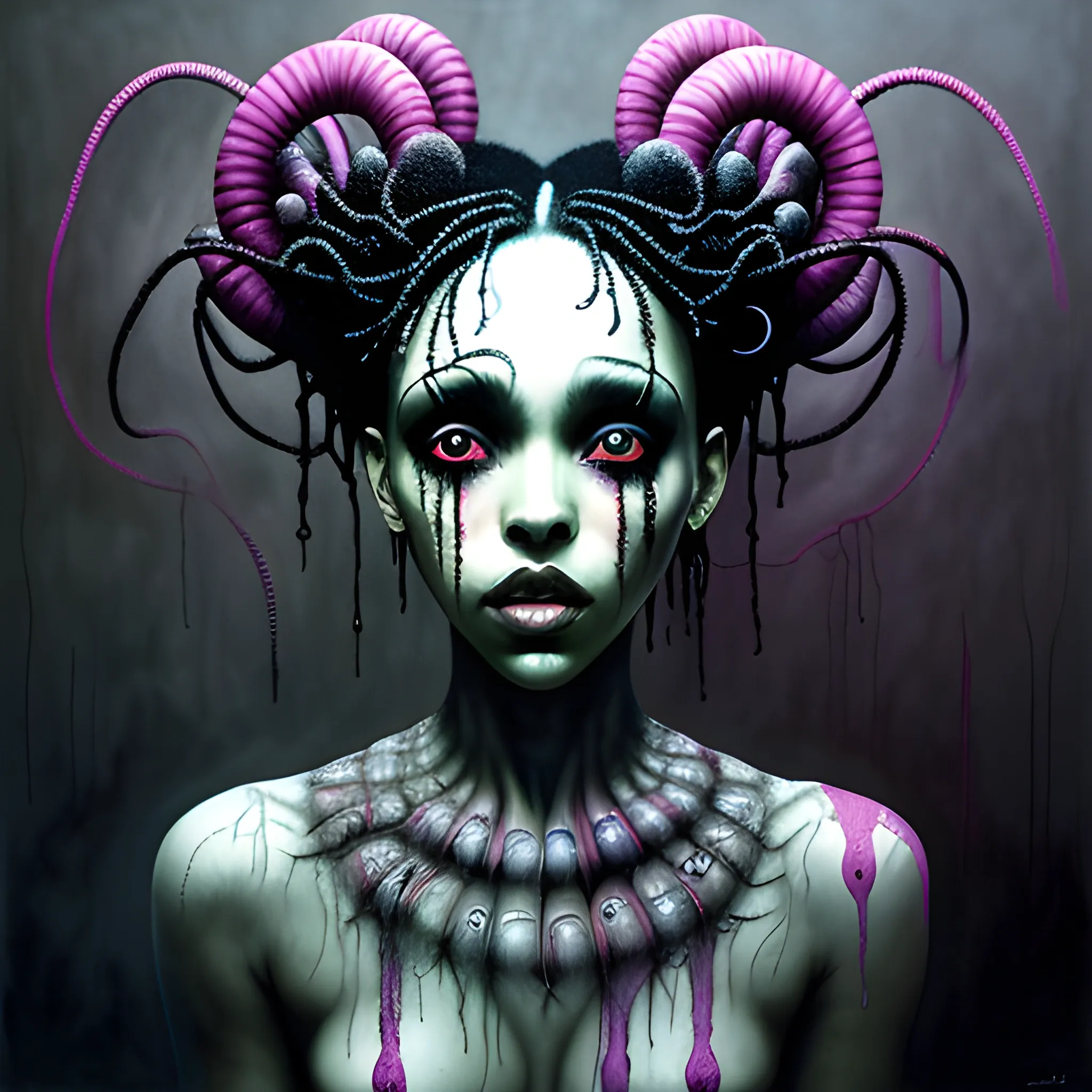  Masterpiece, scenic; FKA Twigs; neon spray paint, acrylic paint, fantastical surrealist world, in the style of Stephen Gammell and Shawn Coss, extremely detailed, sick, gothic, eldritch