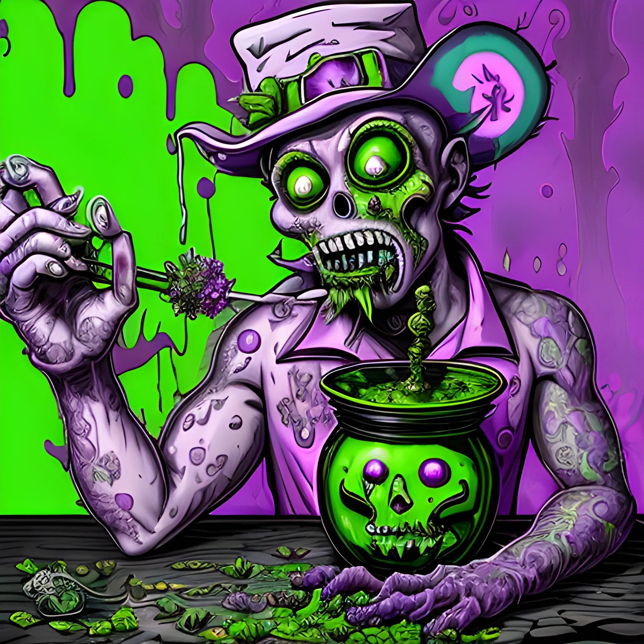 Glass and amethyst marijuana smoking Zombie, big pot leaf, lowbrow, heavy metal, in the combined styles of Munk One and Alex Pardee, black background; magic, bong, weed, purple green smoke, neon spray paint, acrylic paint, fantastical surrealist world, gothic, eldritch, glitter, luminous color sparkles, dayglo orange, neon grape purple, chartreuse green