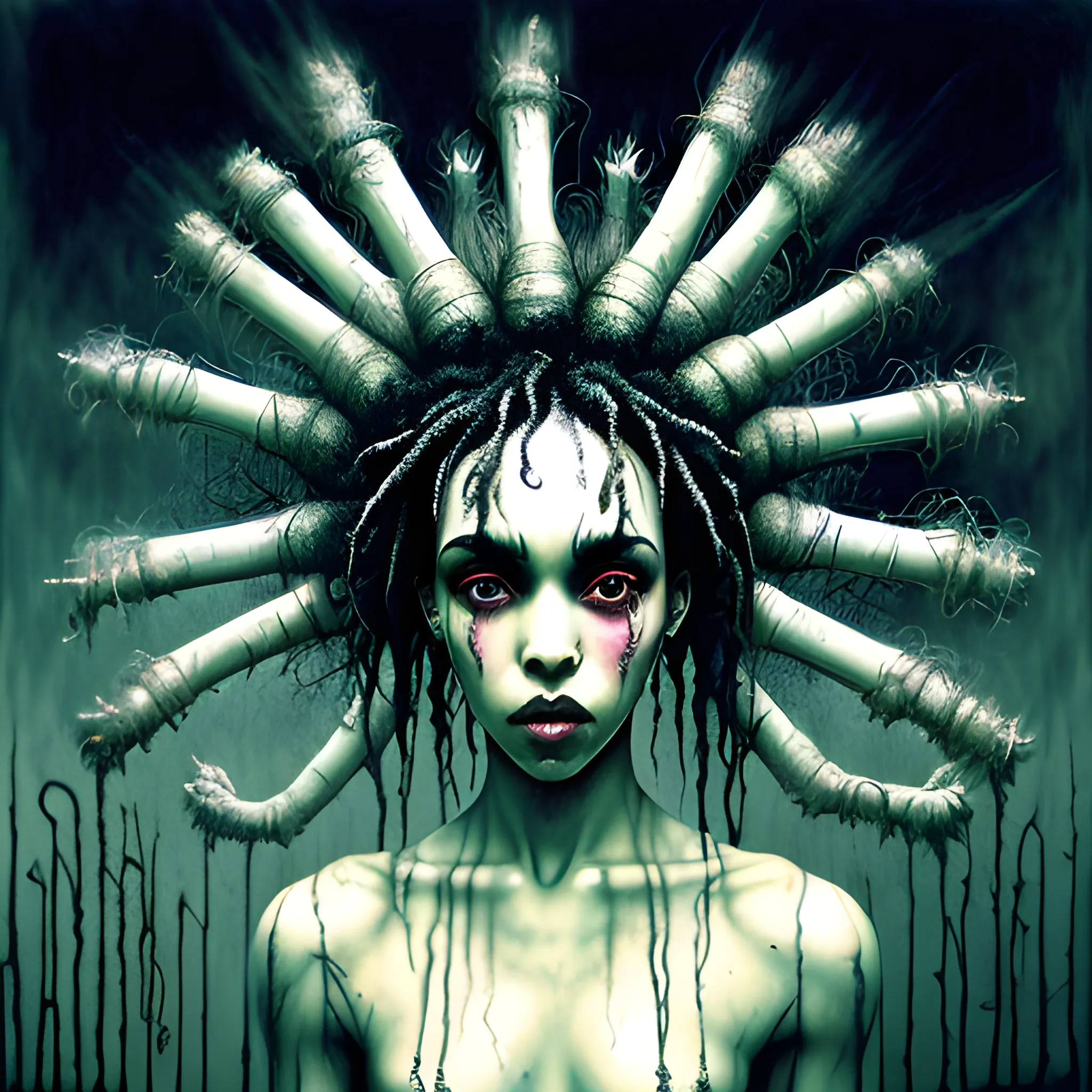  Masterpiece, scenic; FKA Twigs; neon spray paint, acrylic paint, fantastical surrealist world, in the style of Stephen Gammell and Shawn Coss, extremely detailed, sick, gothic, eldritch