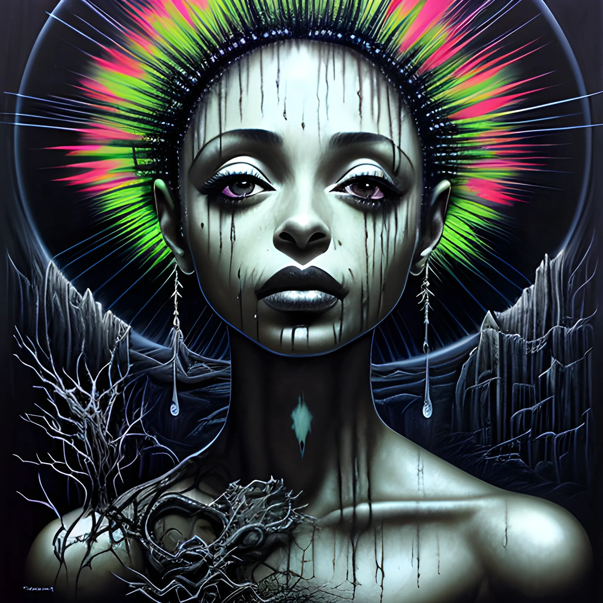  Masterpiece, scenic; Sade Adu; neon spray paint, acrylic paint, fantastical surrealist world, in the style of Stephen Gammell and Shawn Coss, extremely detailed, sick, gothic, eldritch