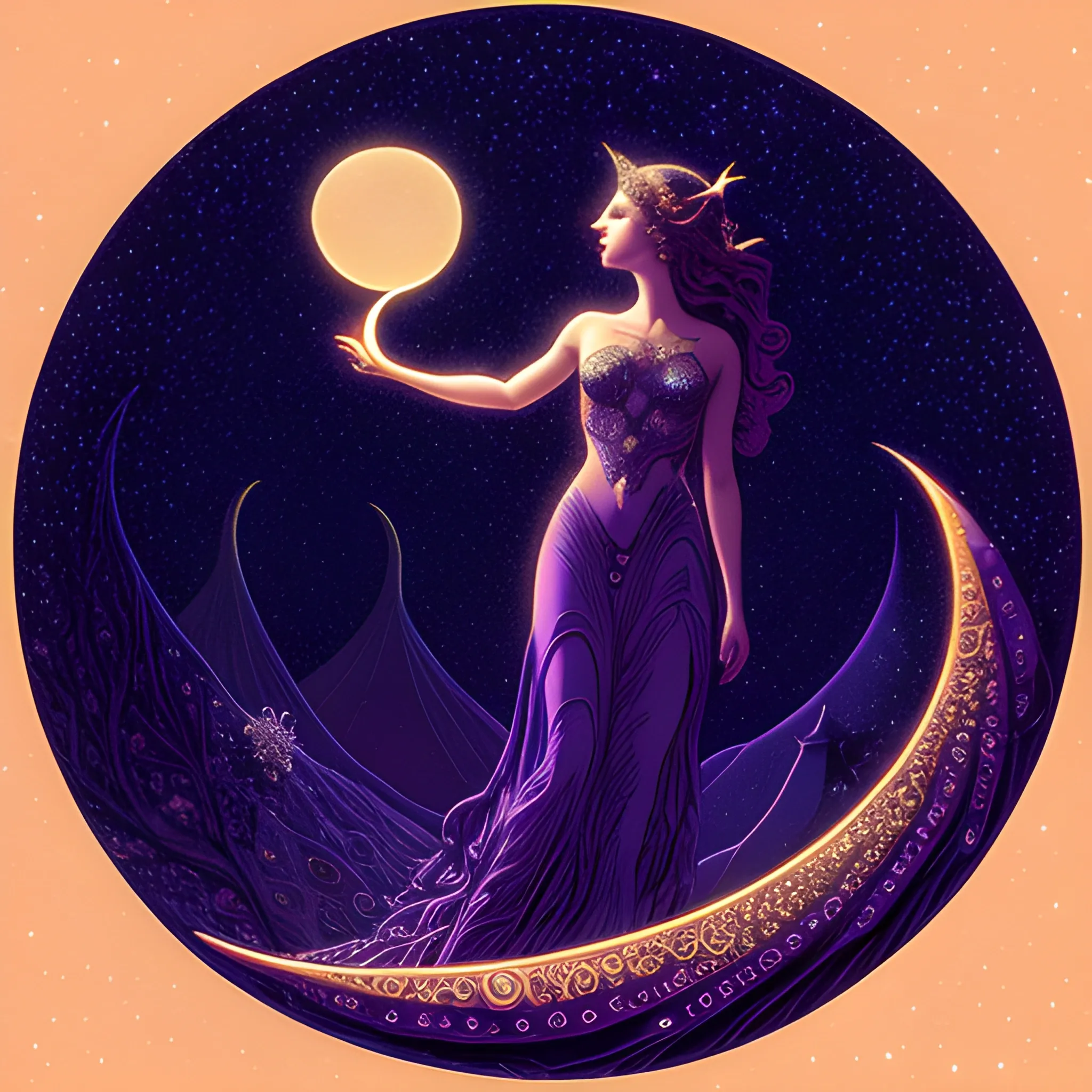 Nyx Goddess of the Night with a crescent moon and many stars in the style of Maxfield Parrish, starry night, James R. Eads