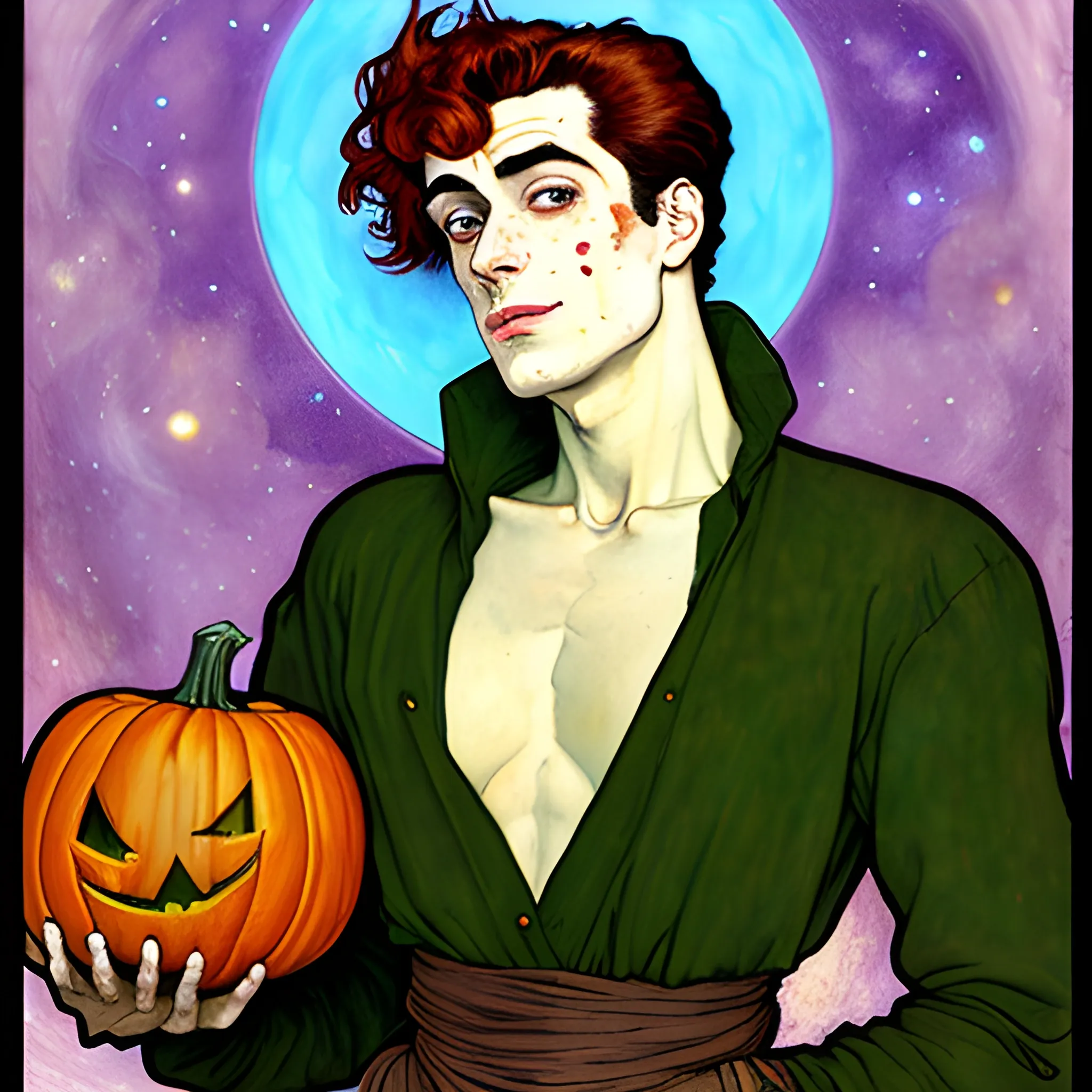 Painting of a handsome young delicate beautiful softly freckled man in his 20s with green eyes and long, curly red hair, at the giant jack o'lantern halloween party; pumpkins, perfect purple pumpkins, green skulls, orange bats, magic, candles, neon spray paint, acrylic paint, fantastical, elegant, stylized art, under a painted nebula sky, full moon; bats, pumpkins, spooky ambiance, Halloween Night art by alphonse mucha, vincent van gogh, egon schiele