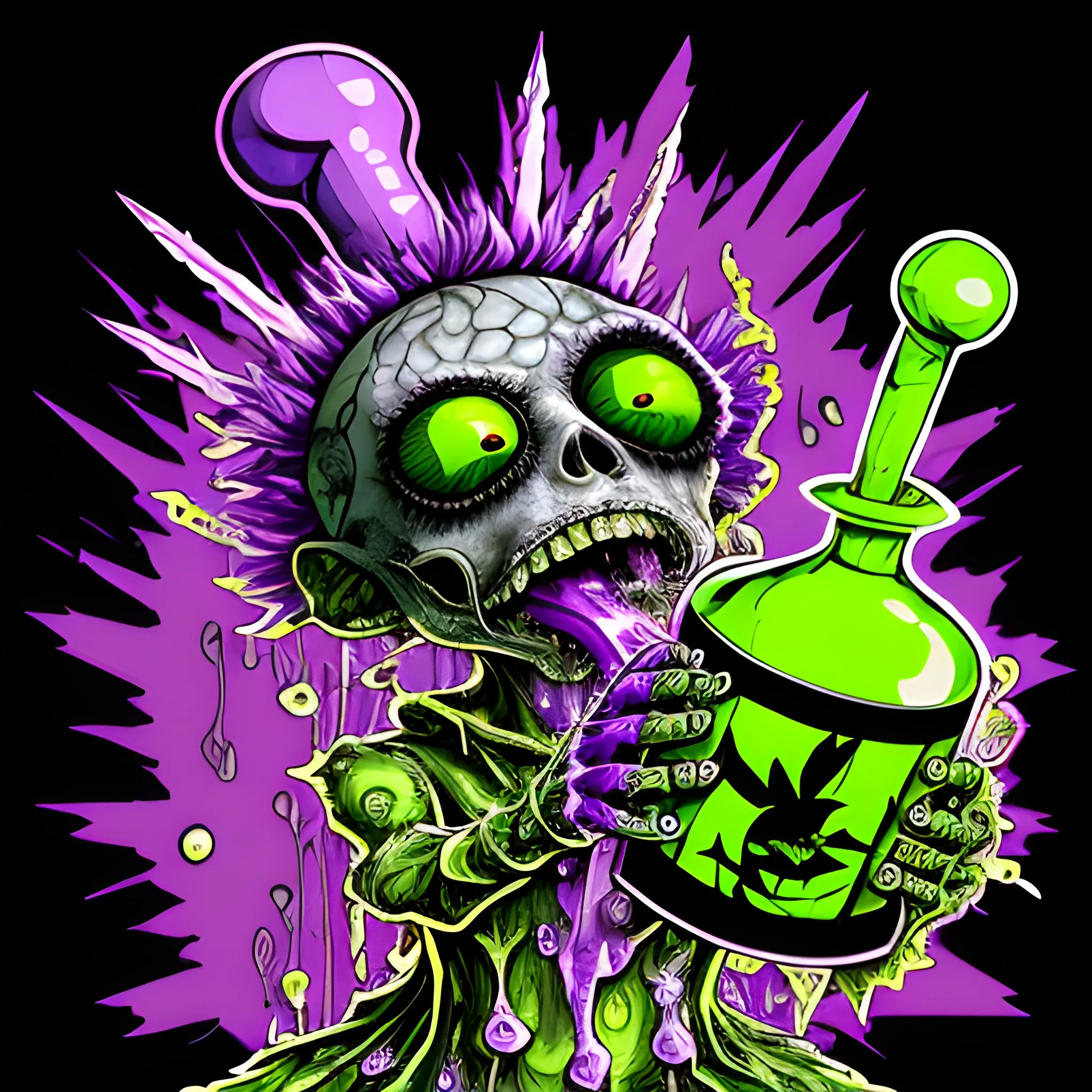 Glass and amethyst marijuana smoking Zombie, big pot leaf, lowbrow, heavy metal, in the combined styles of Munk One and Alex Pardee, black background; magic, bong, weed, purple green smoke, neon spray paint, acrylic paint, fantastical surrealist world, gothic, eldritch, glitter, luminous color sparkles, dayglo orange, neon grape purple, chartreuse green