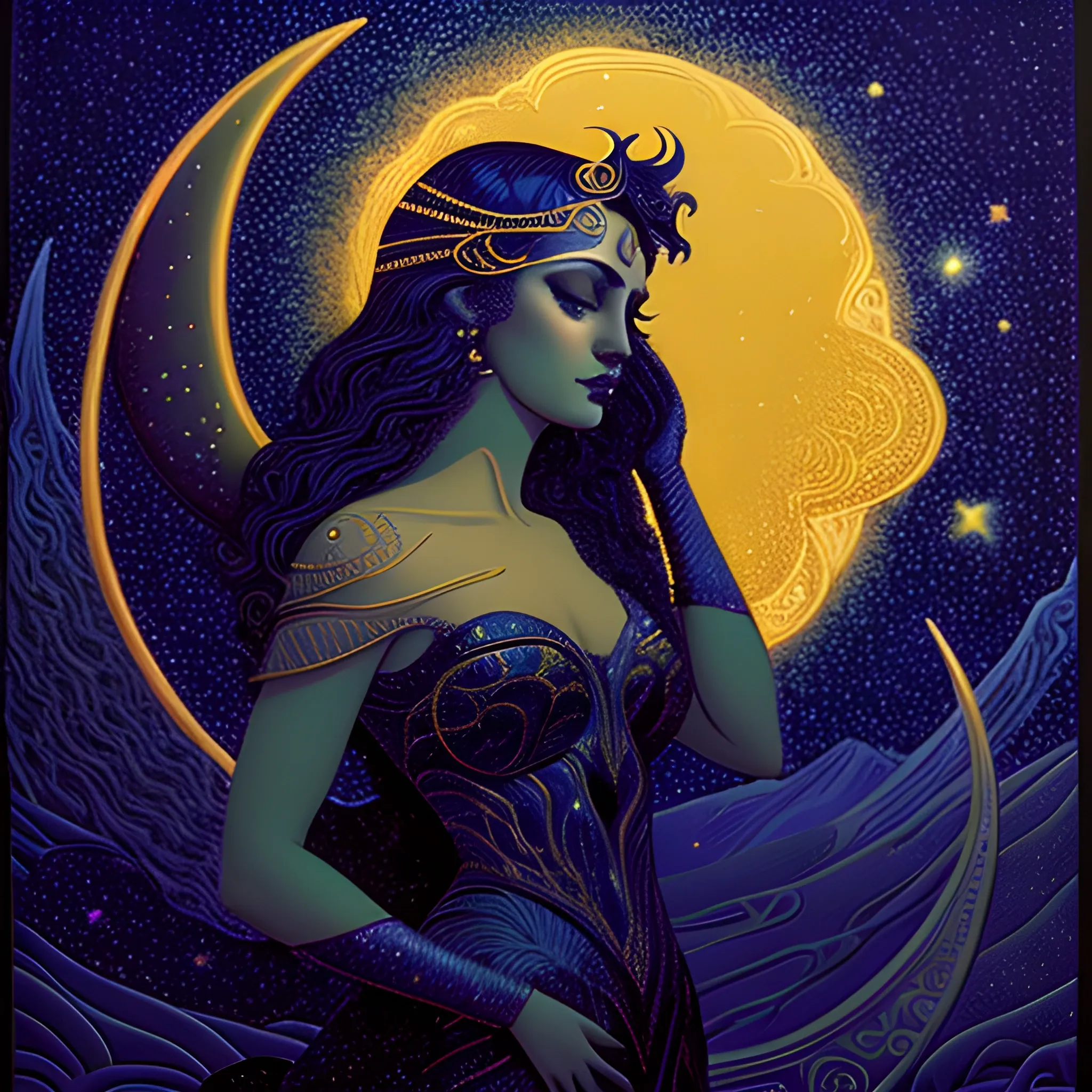 Nyx Goddess of the Night with a crescent moon and many stars in the style of Maxfield Parrish, starry night, James R. Eads