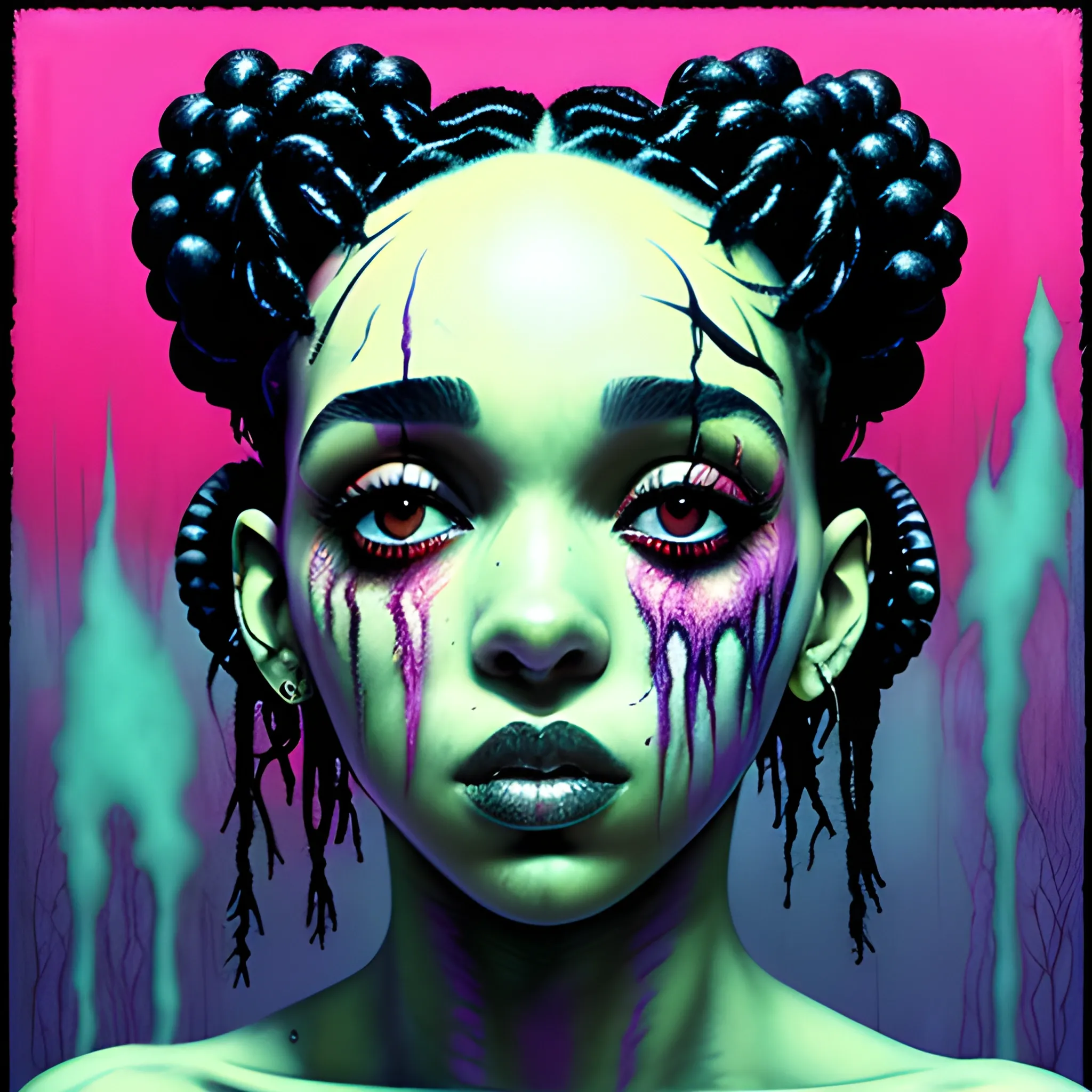  Masterpiece, scenic; FKA Twigs; neon spray paint, acrylic paint, fantastical surrealist world, in the style of Stephen Gammell and Shawn Coss, extremely detailed, sick, gothic, eldritch