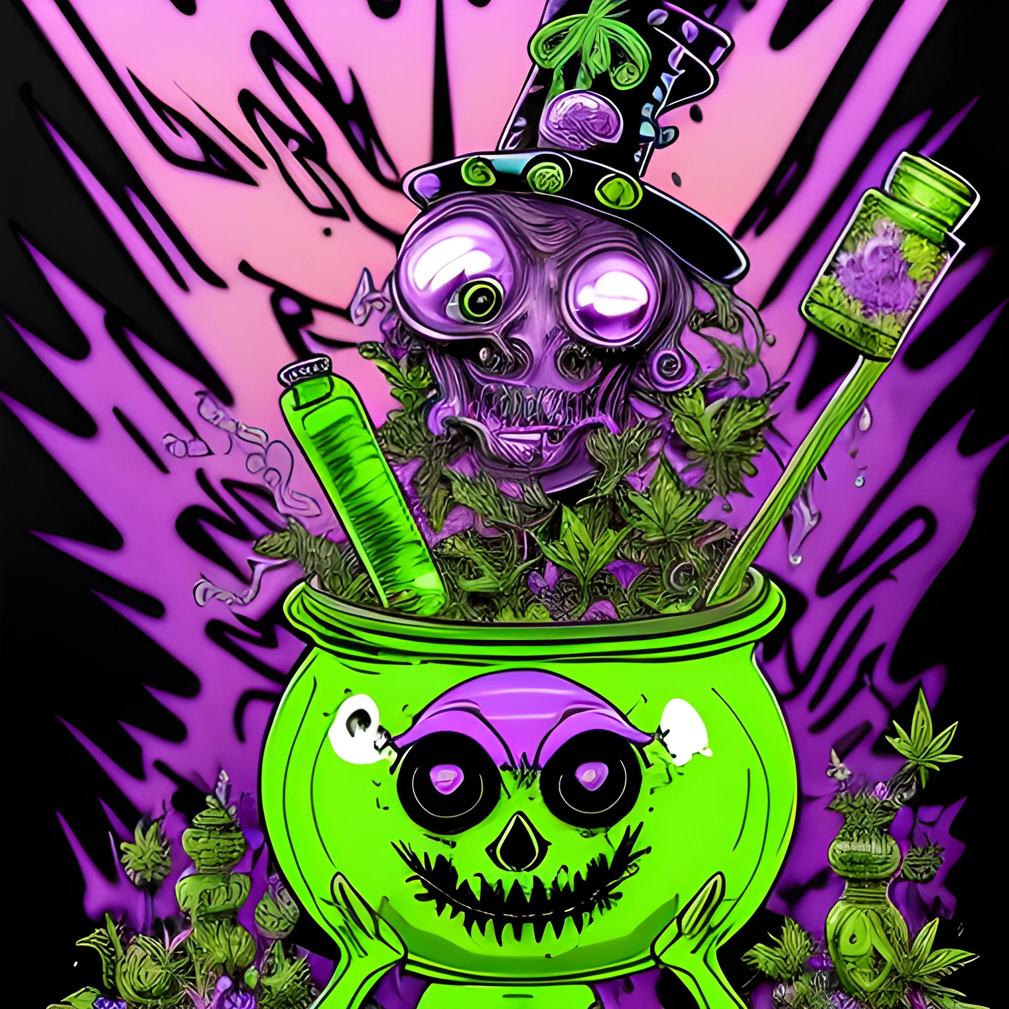 Glass and amethyst marijuana smoking Zombie, big pot leaf, lowbrow, heavy metal, in the combined styles of Munk One and Alex Pardee, black background; magic, bong, weed, purple green smoke, neon spray paint, acrylic paint, fantastical surrealist world, gothic, eldritch, glitter, luminous color sparkles, dayglo orange, neon grape purple, chartreuse green