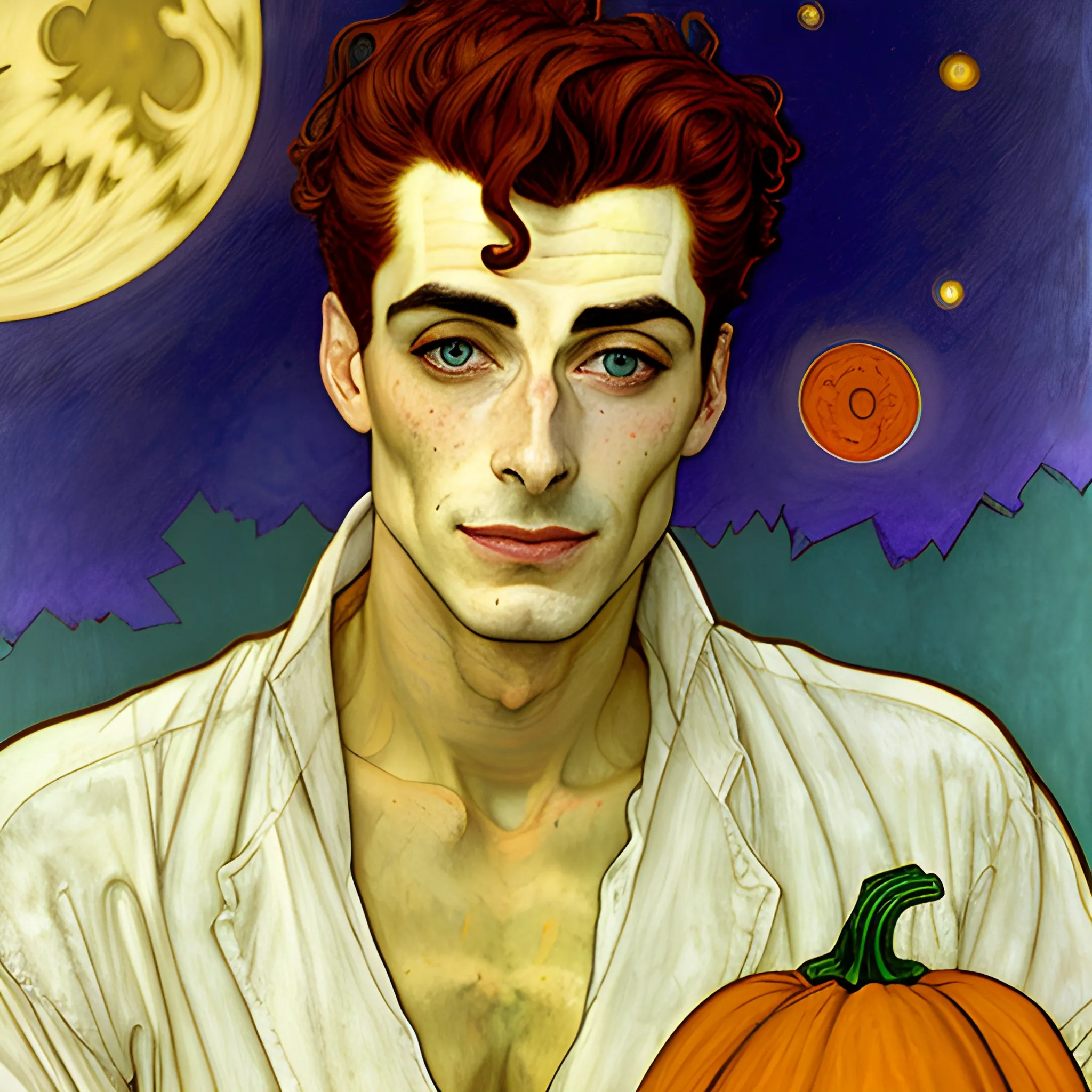 Painting of a handsome young delicate beautiful softly freckled man in his 20s with green eyes and long, curly red hair, at the giant jack o'lantern halloween party; pumpkins, perfect purple pumpkins, green skulls, orange bats, magic, candles, neon spray paint, acrylic paint, fantastical, elegant, stylized art, under a painted nebula sky, full moon; bats, pumpkins, spooky ambiance, Halloween Night art by alphonse mucha, vincent van gogh, egon schiele