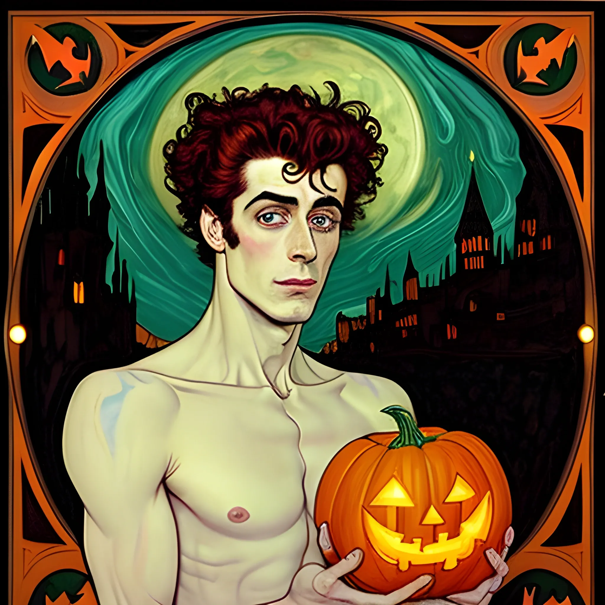 Painting of a handsome young delicate beautiful softly freckled man in his 20s with green eyes and long, curly red hair, at the giant jack o'lantern halloween party; pumpkins, perfect purple pumpkins, green skulls, orange bats, magic, candles, neon spray paint, acrylic paint, fantastical, elegant, stylized art, under a painted nebula sky, full moon; bats, pumpkins, spooky ambiance, Halloween Night art by alphonse mucha, vincent van gogh, egon schiele