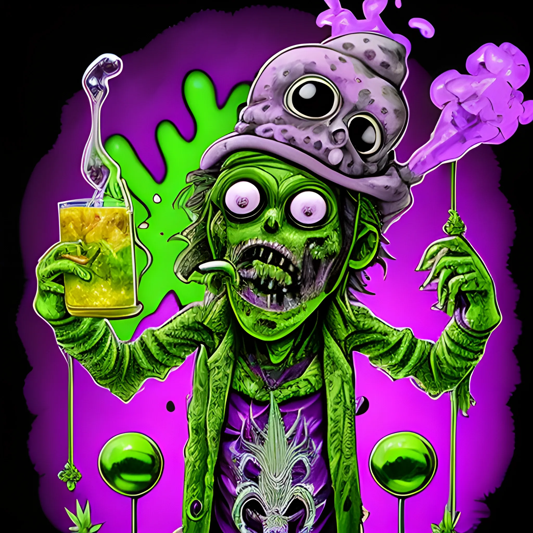 Glass and amethyst marijuana smoking Zombie, big pot leaf, lowbrow, heavy metal, in the combined styles of Munk One and Alex Pardee, black background; magic, bong, weed, purple green smoke, neon spray paint, acrylic paint, fantastical surrealist world, gothic, eldritch, glitter, luminous color sparkles, dayglo orange, neon grape purple, chartreuse green