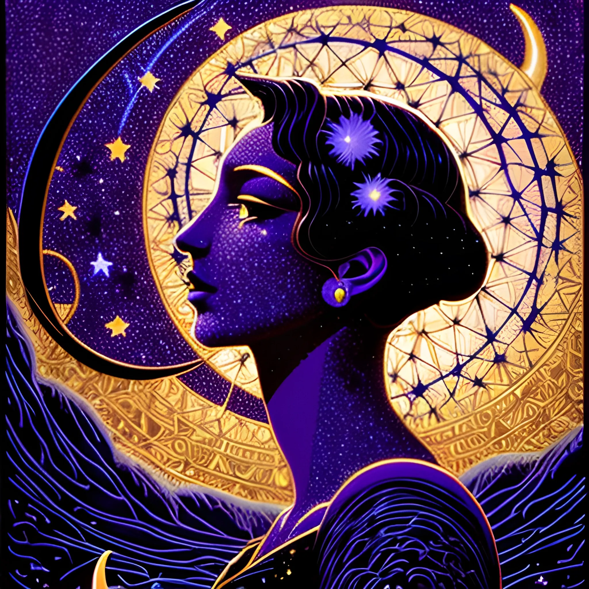 Nyx Goddess of the Night with a crescent moon and many stars in the style of Maxfield Parrish, starry night, James R. Eads