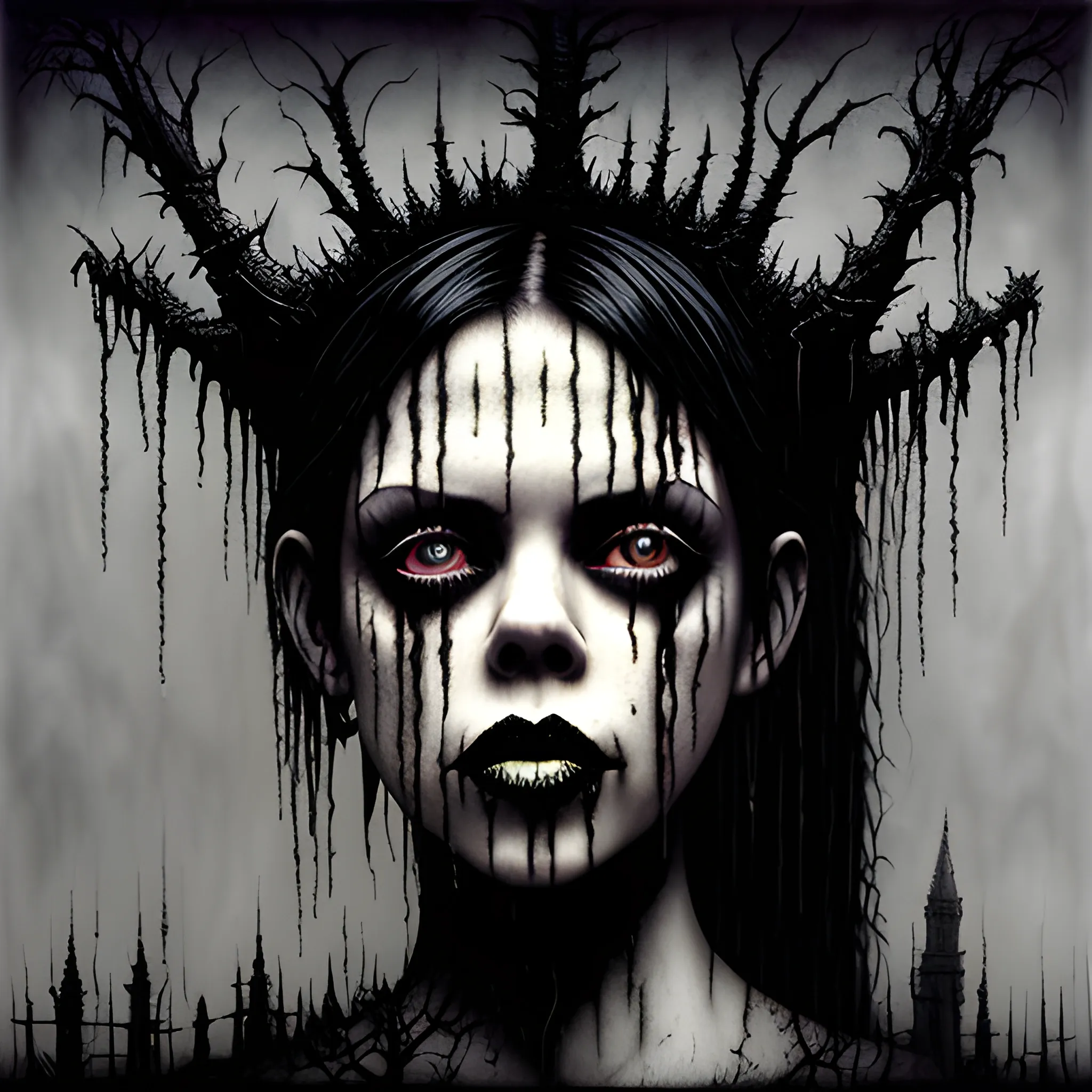  Masterpiece, scenic; Fairuza Balk; neon spray paint, acrylic paint, fantastical surrealist world, in the style of Stephen Gammell and Shawn Coss, extremely detailed, sick, gothic, eldritch