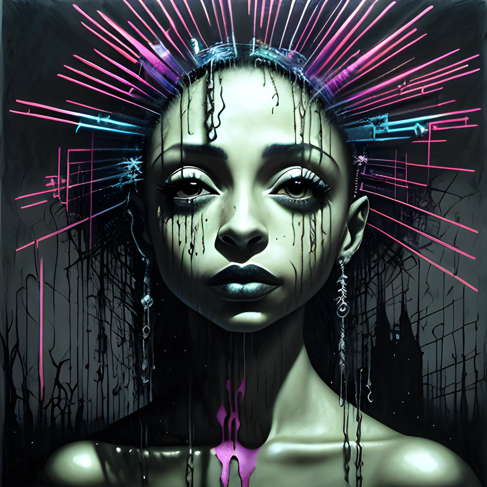  Masterpiece, scenic; Sade Adu; neon spray paint, acrylic paint, fantastical surrealist world, in the style of Stephen Gammell and Shawn Coss, extremely detailed, sick, gothic, eldritch