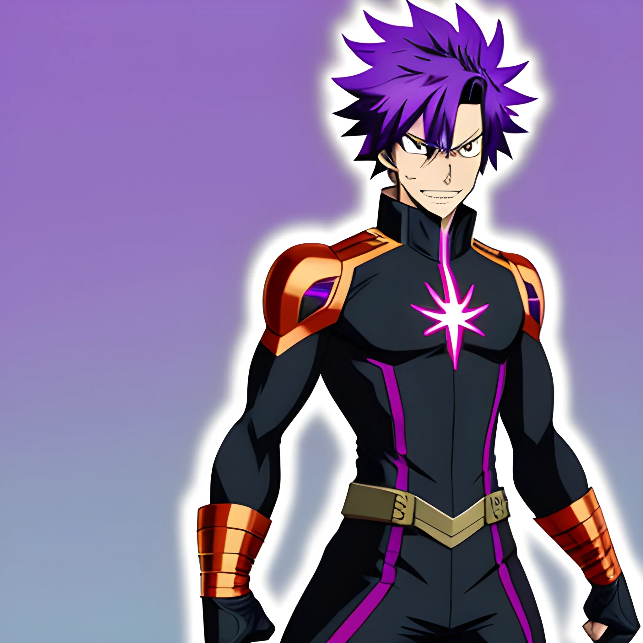 a my hero academia character 
Teen male with purple hair with copper eyes, 
with and endevor style suit but with purple fire