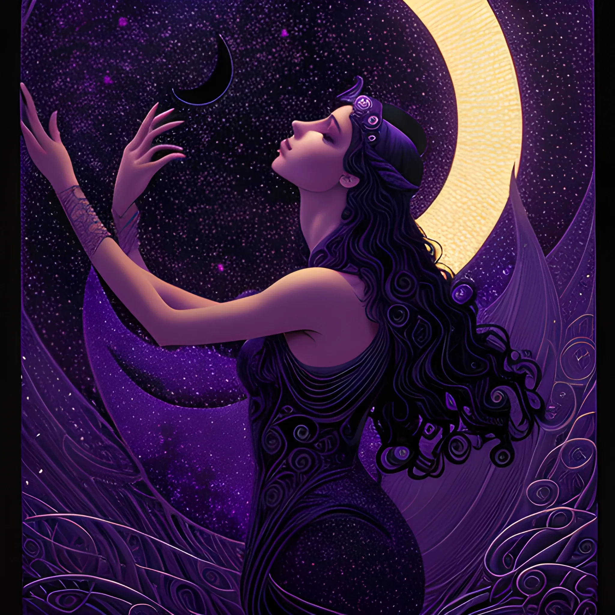 Nyx Goddess of the Night with a crescent moon and many stars in the style of Maxfield Parrish, starry night, James R. Eads