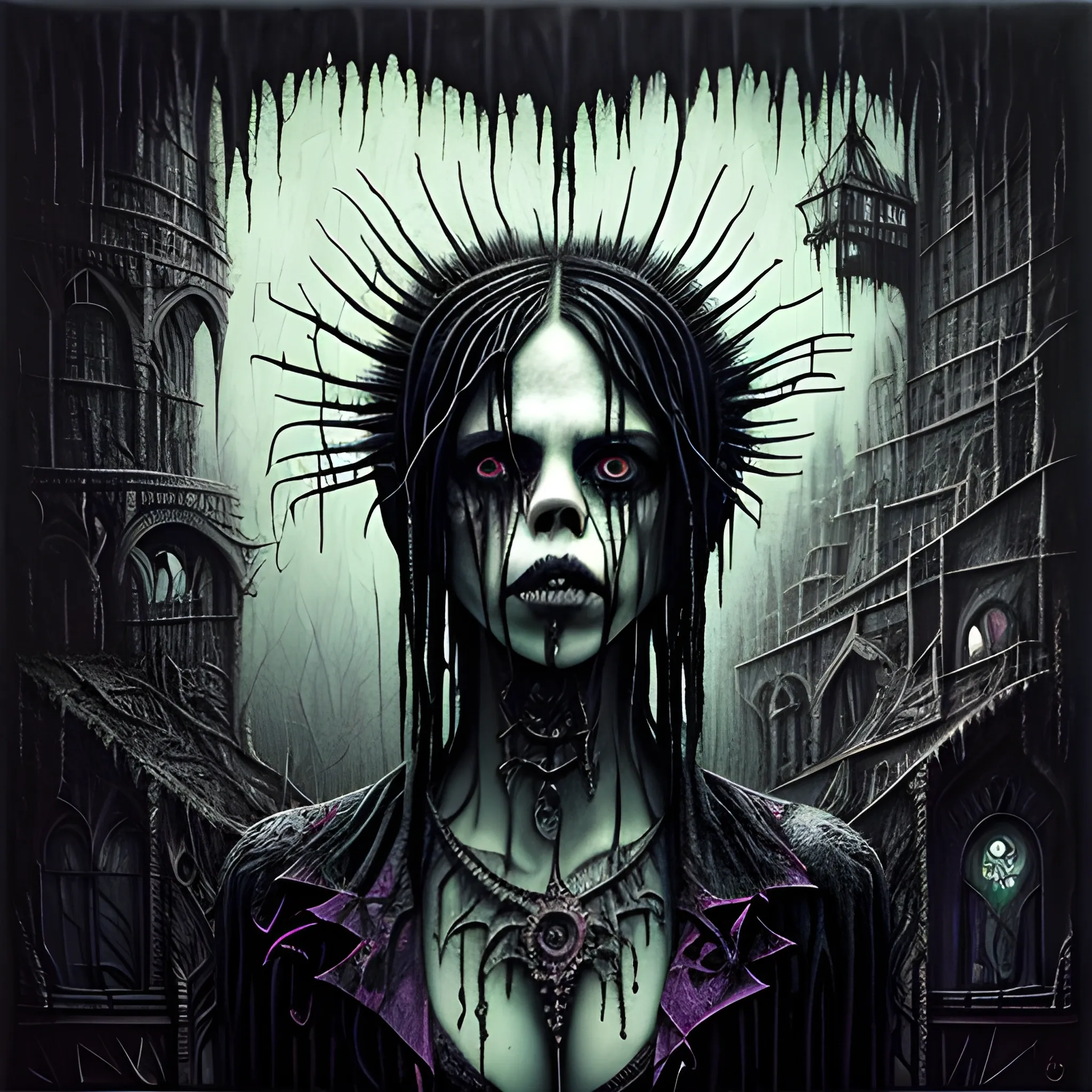  Masterpiece, scenic; Fairuza Balk; neon spray paint, acrylic paint, fantastical surrealist world, in the style of Stephen Gammell and Shawn Coss, extremely detailed, sick, gothic, eldritch